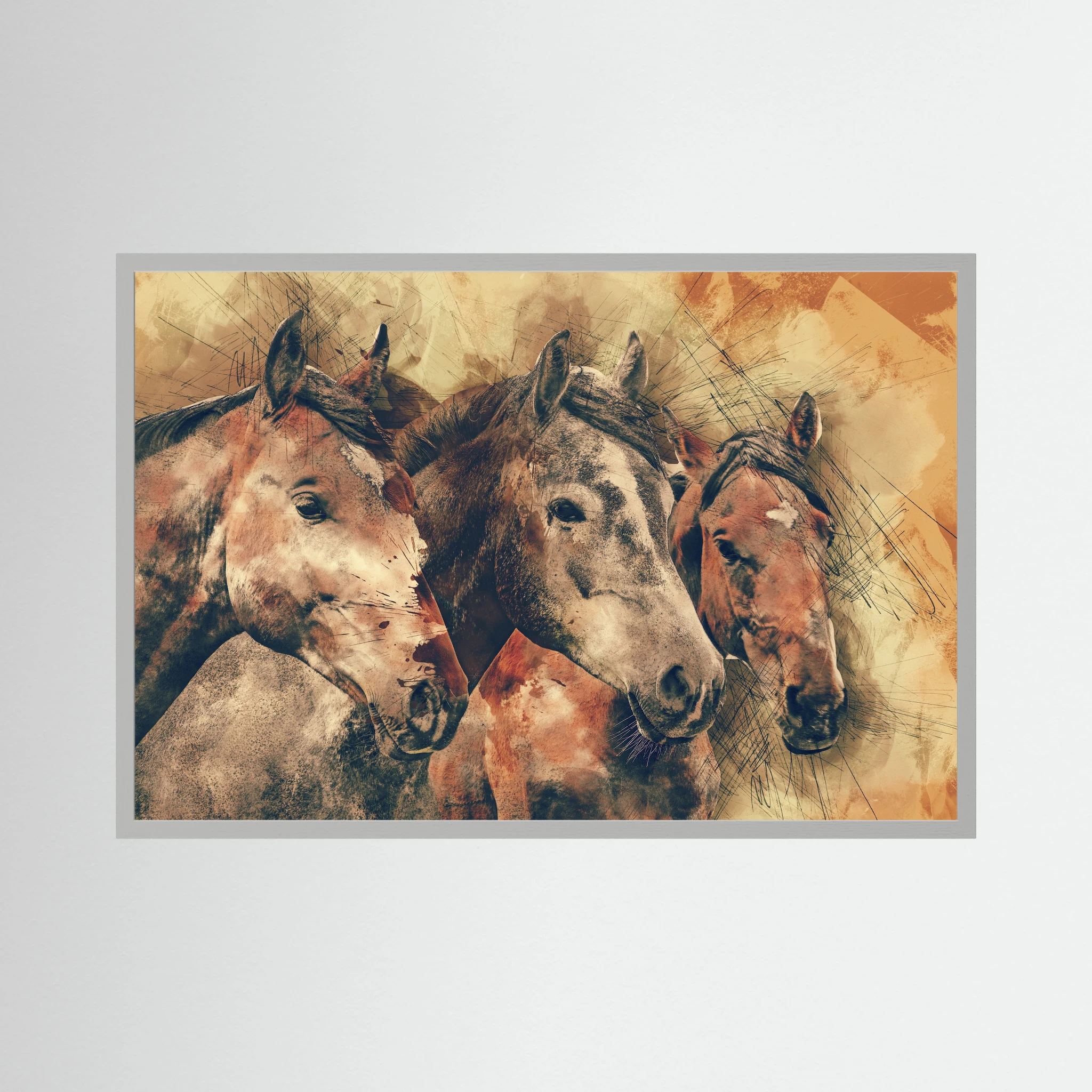 Three horse portraits rendered in layered sepia, brown and rust tones.