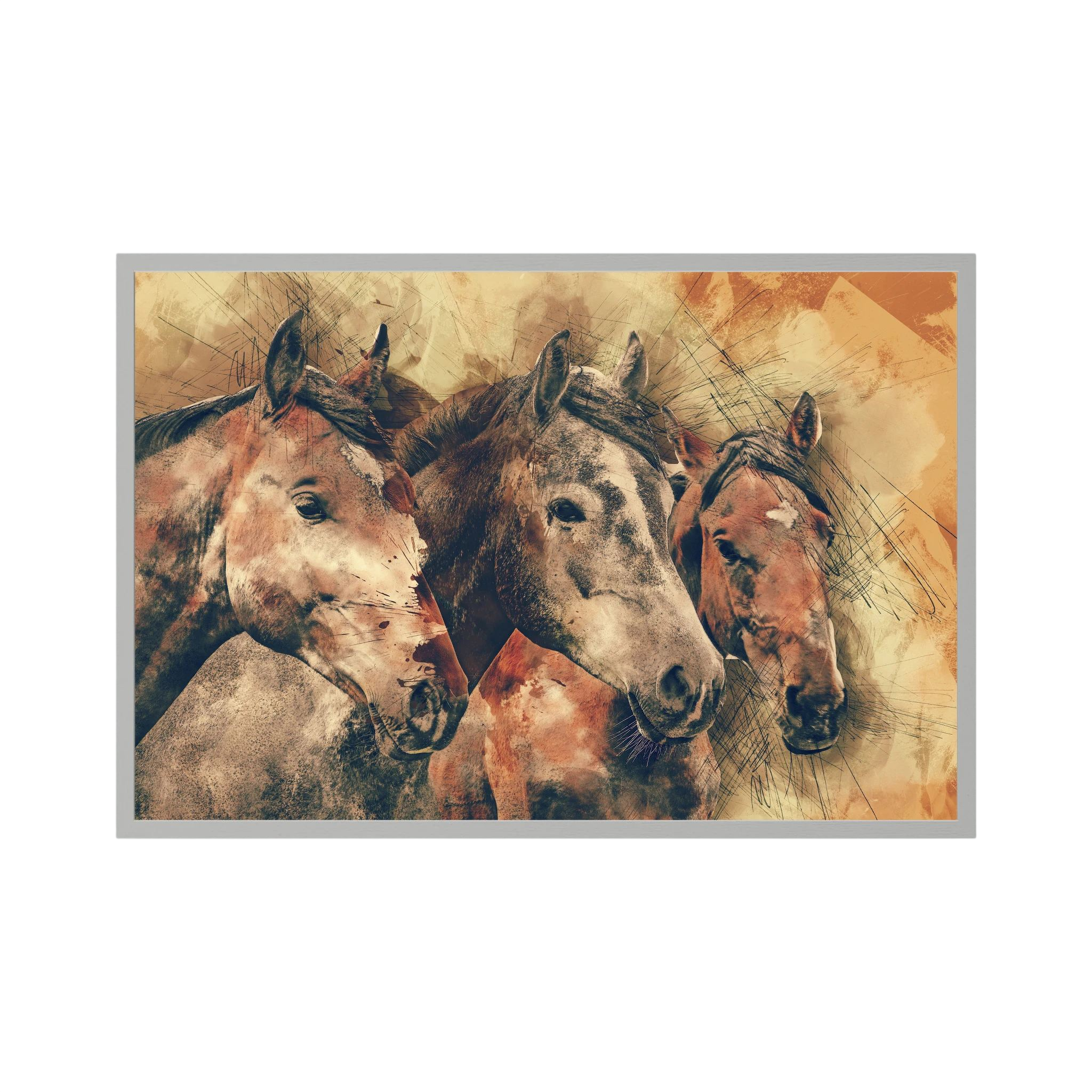 Three horse portraits rendered in layered sepia, brown and rust tones.