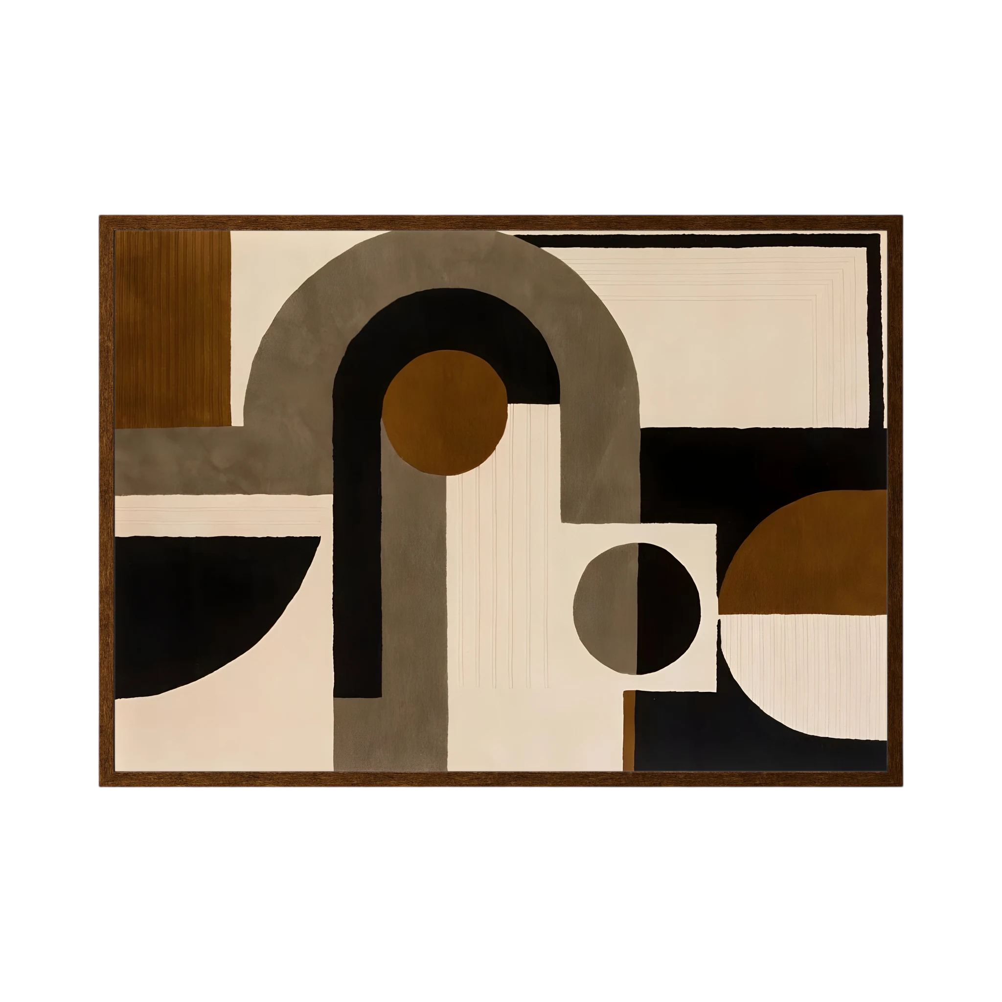 Neutral brown, black and cream arches and circles arranged in a horizontal geometric design, shown in product view 2.