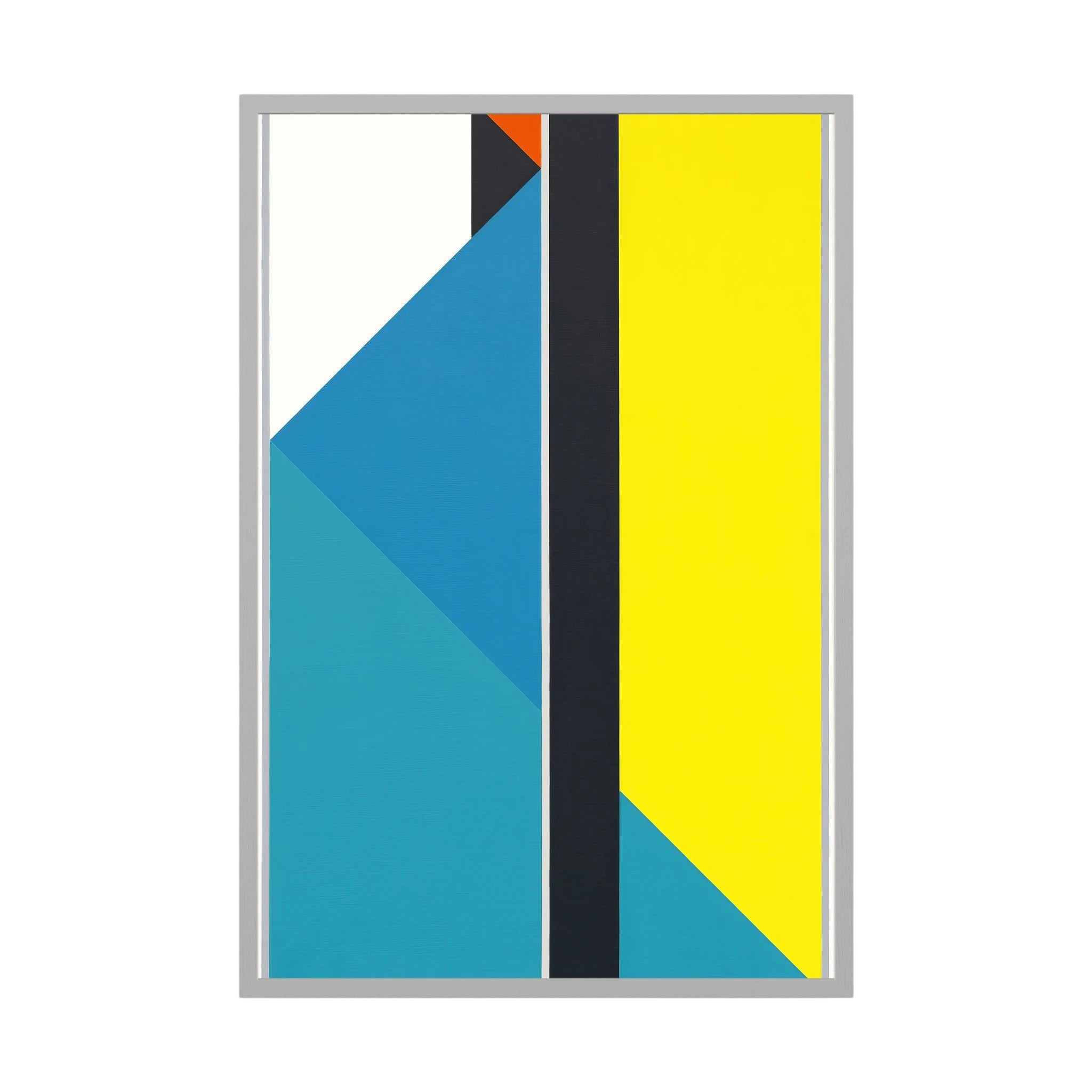 Blue and turquoise diagonal planes meet a vivid yellow field divided by a strong black stripe.