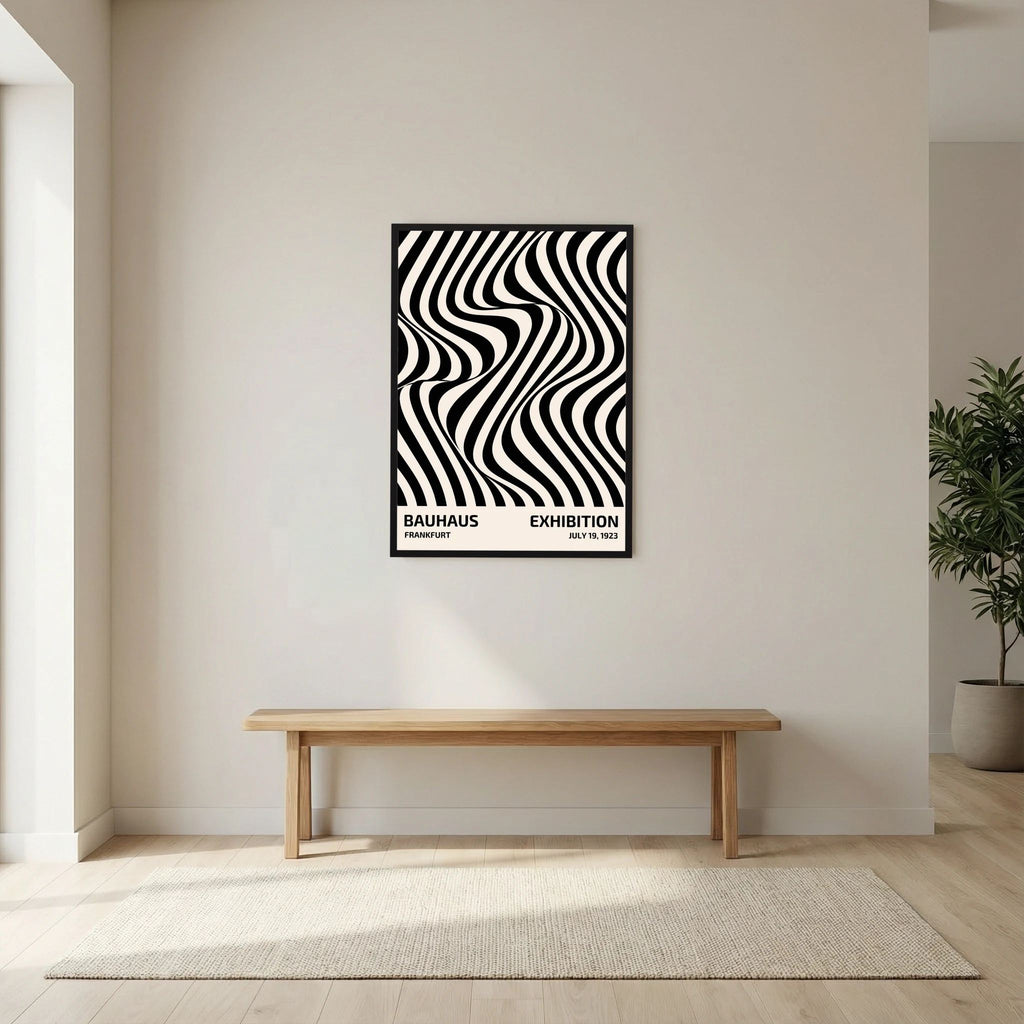Black and white striped optical pattern flowing in curved waves.