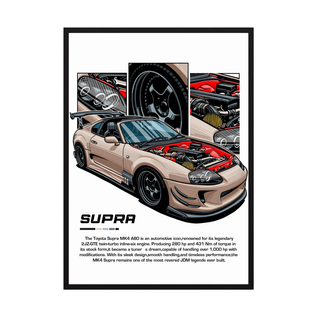 Beige Toyota Supra MK4 illustration with exposed engine and close-up component panels.