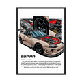 Beige Toyota Supra MK4 illustration with exposed engine and close-up component panels.