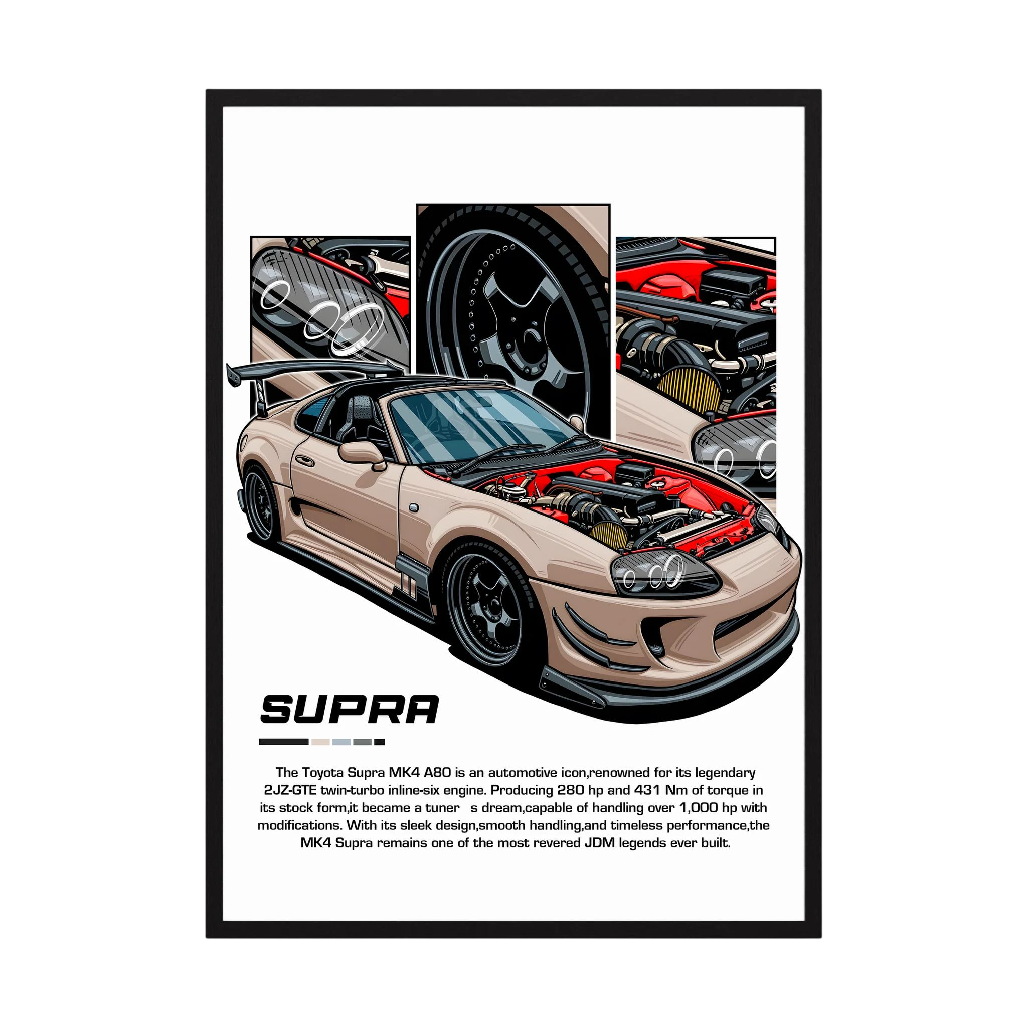 Beige Toyota Supra MK4 illustration with exposed engine and close-up component panels.