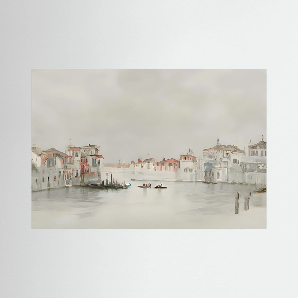 Soft neutral watercolour of Venice waterfront buildings and small boats.