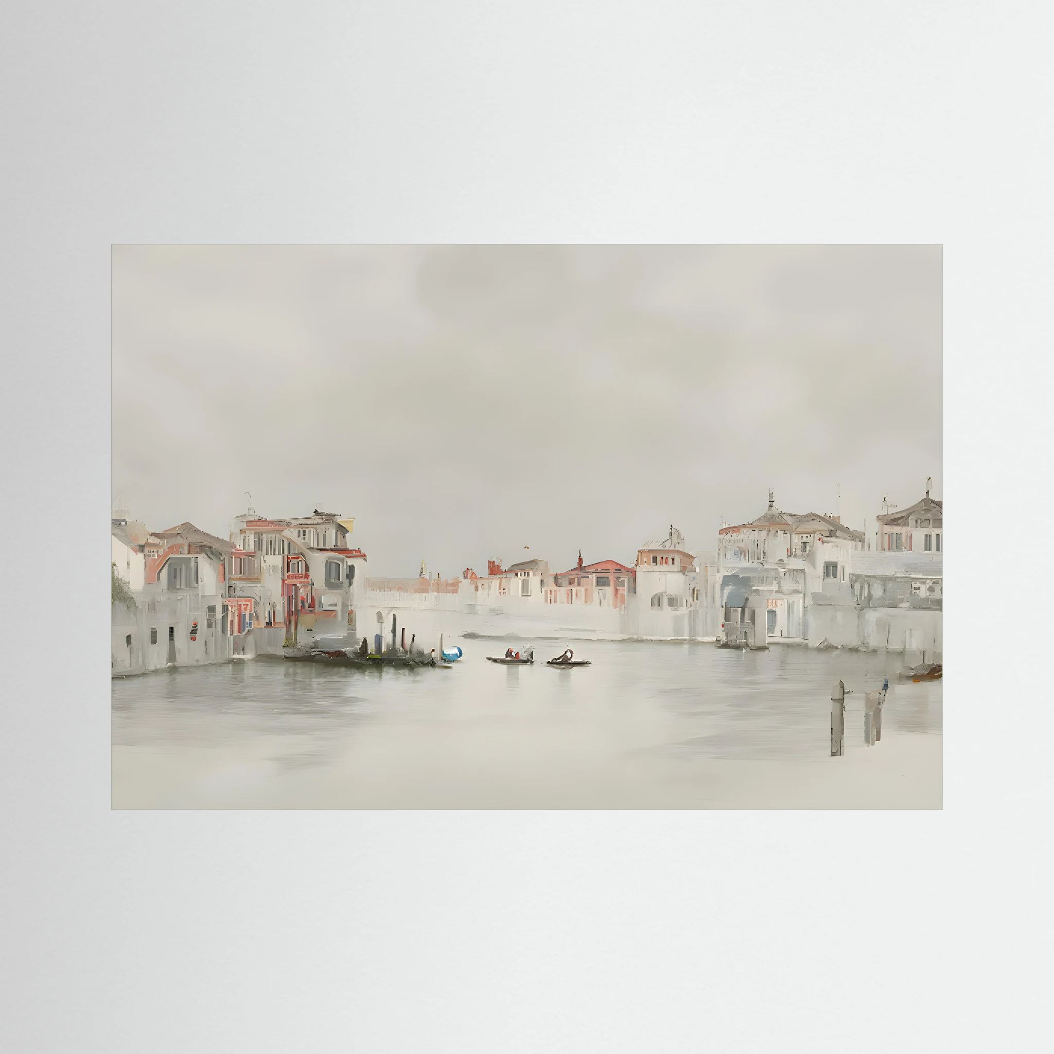 Soft neutral watercolour of Venice waterfront buildings and small boats.