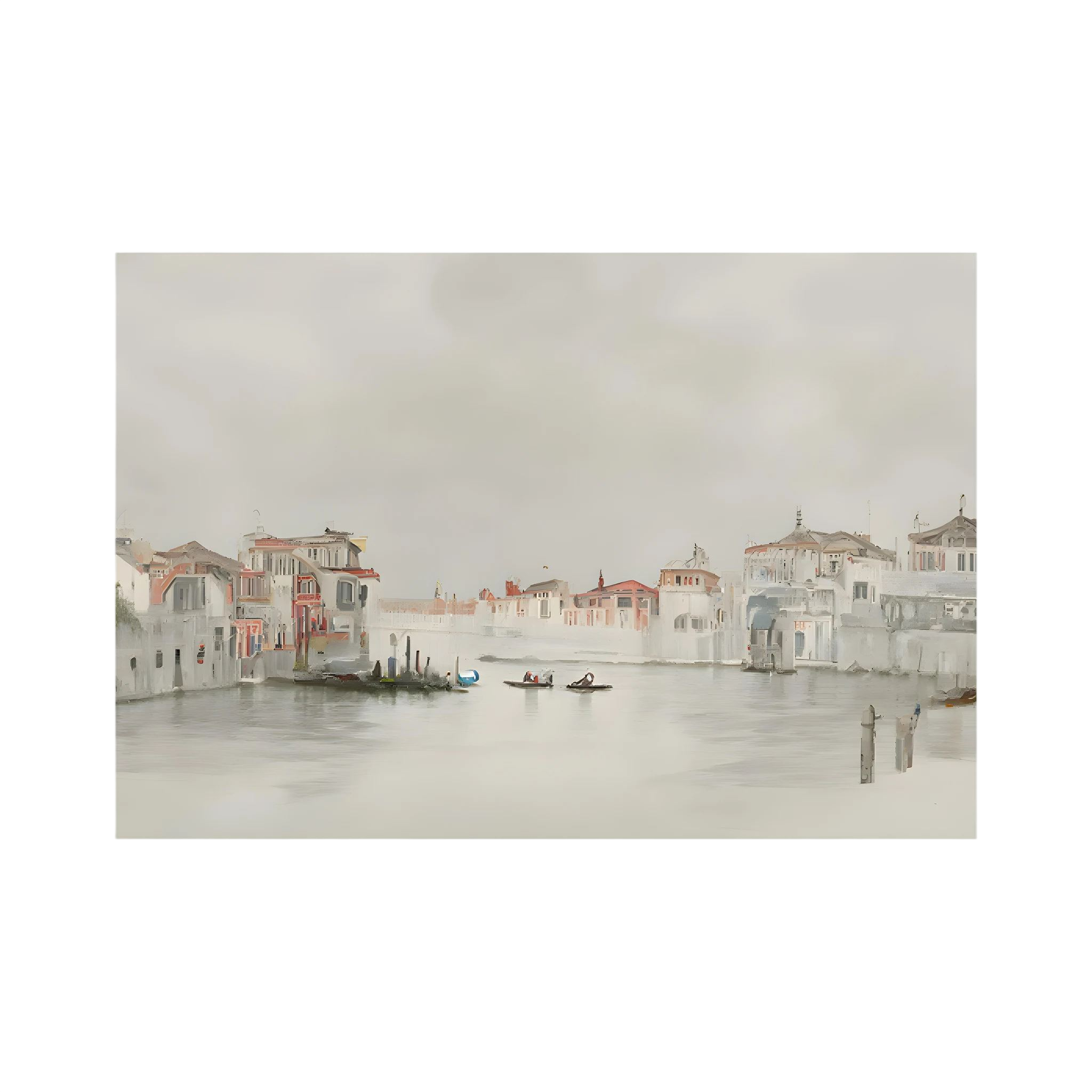 Soft neutral watercolour of Venice waterfront buildings and small boats.