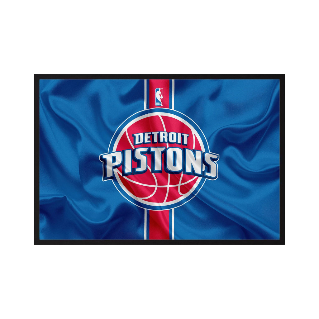 Detroit basketball team logo centred on blue fabric with a vertical red stripe.
