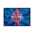 Detroit basketball team logo centred on blue fabric with a vertical red stripe.