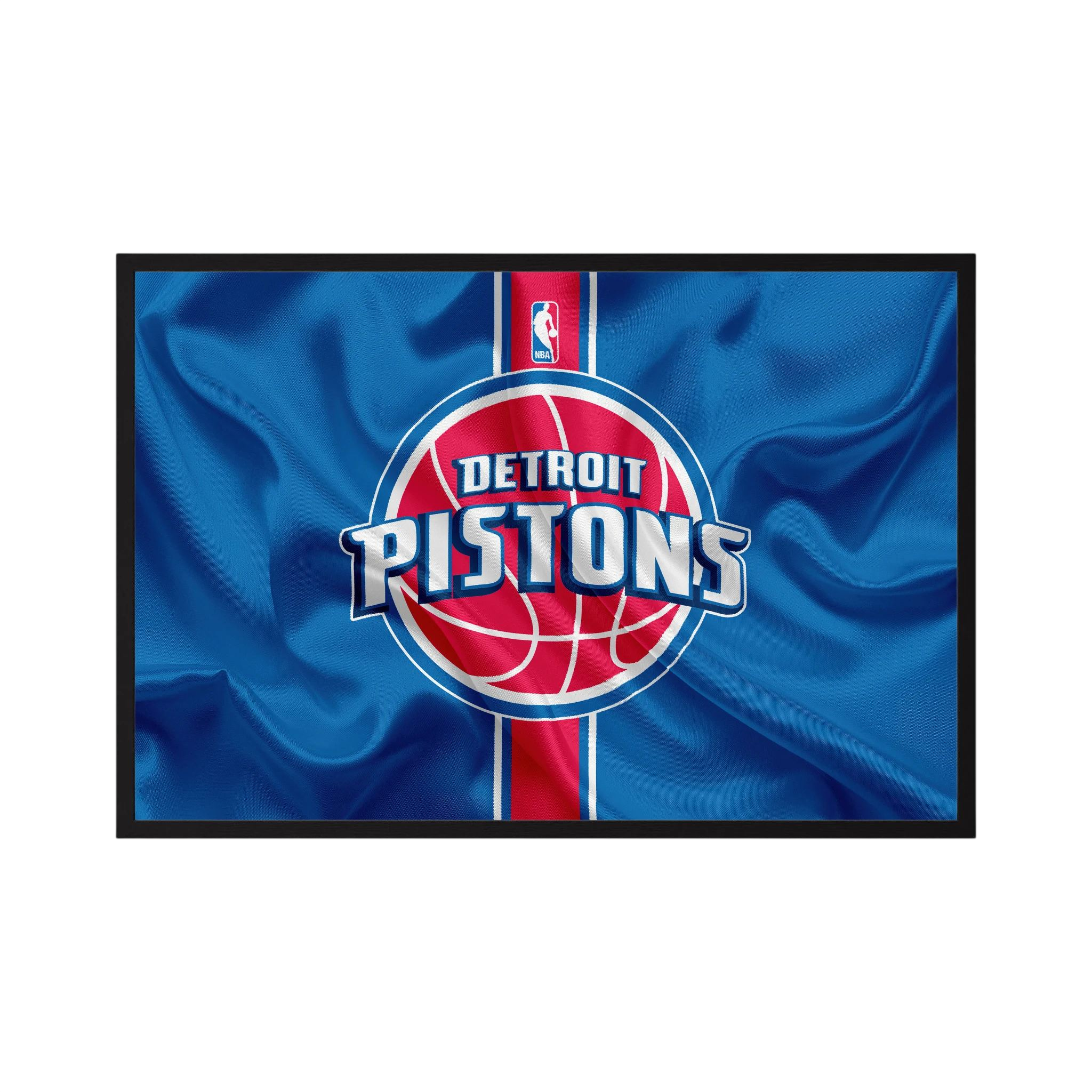 Detroit basketball team logo centred on blue fabric with a vertical red stripe.