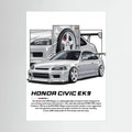 Silver Honda Civic EK9 illustration with white wheels, rear wing and close-up panels.