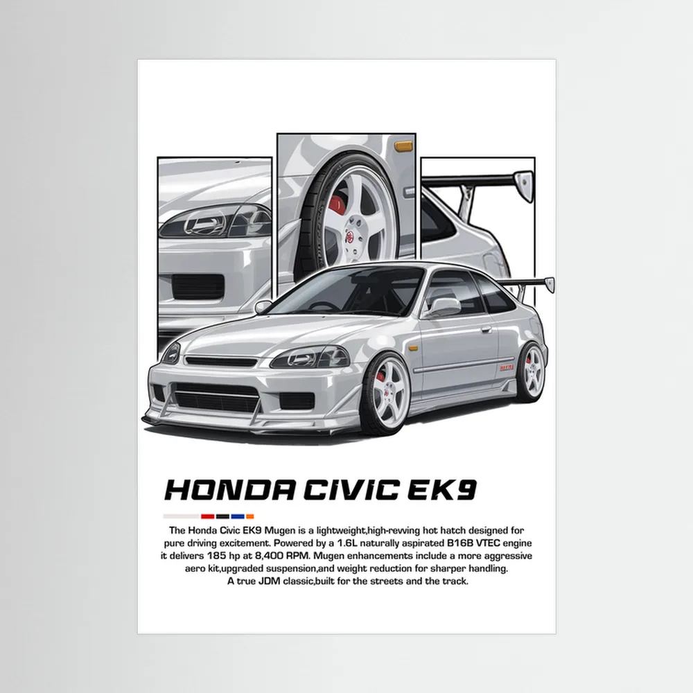 Silver Honda Civic EK9 illustration with white wheels, rear wing and close-up panels.