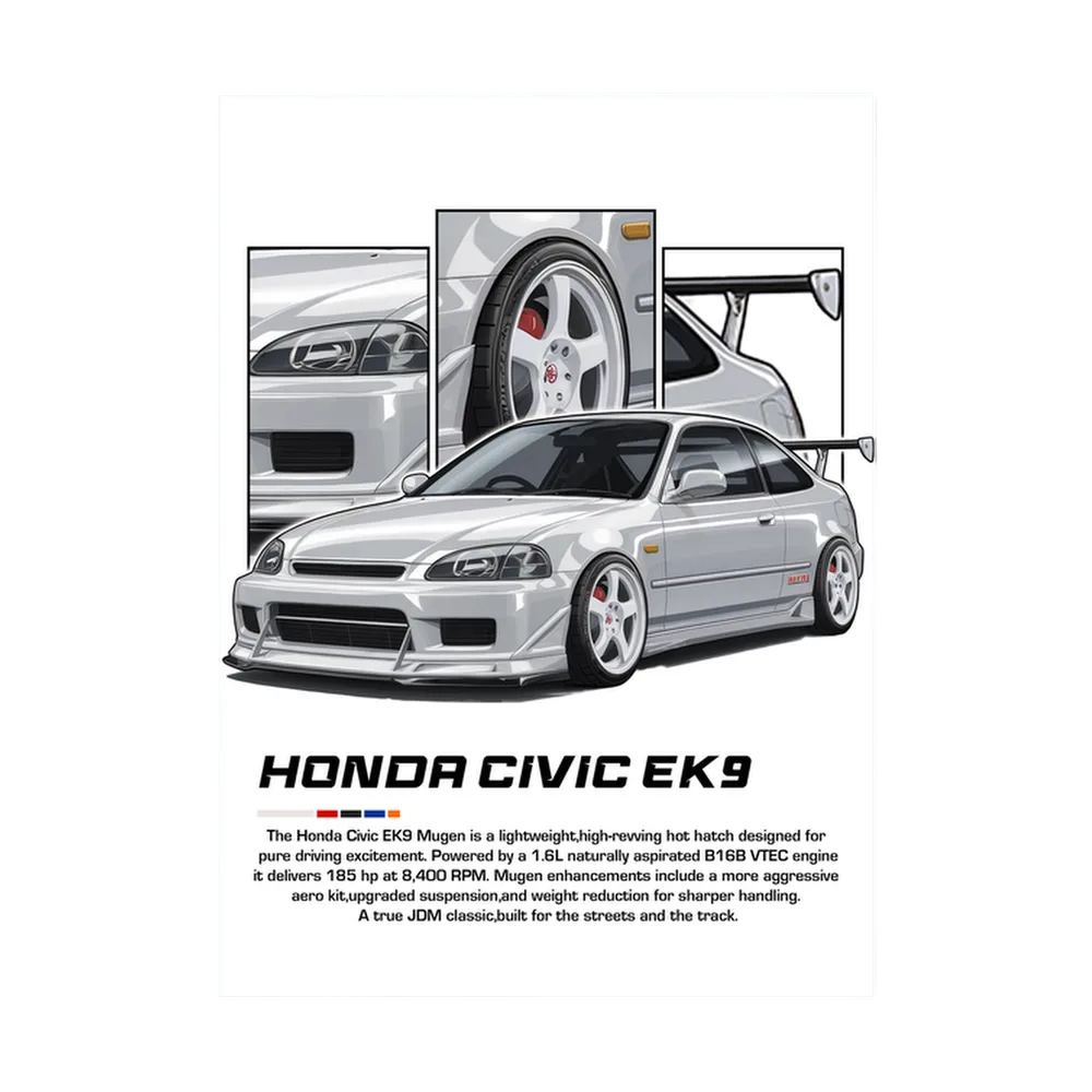 Silver Honda Civic EK9 illustration with white wheels, rear wing and close-up panels.