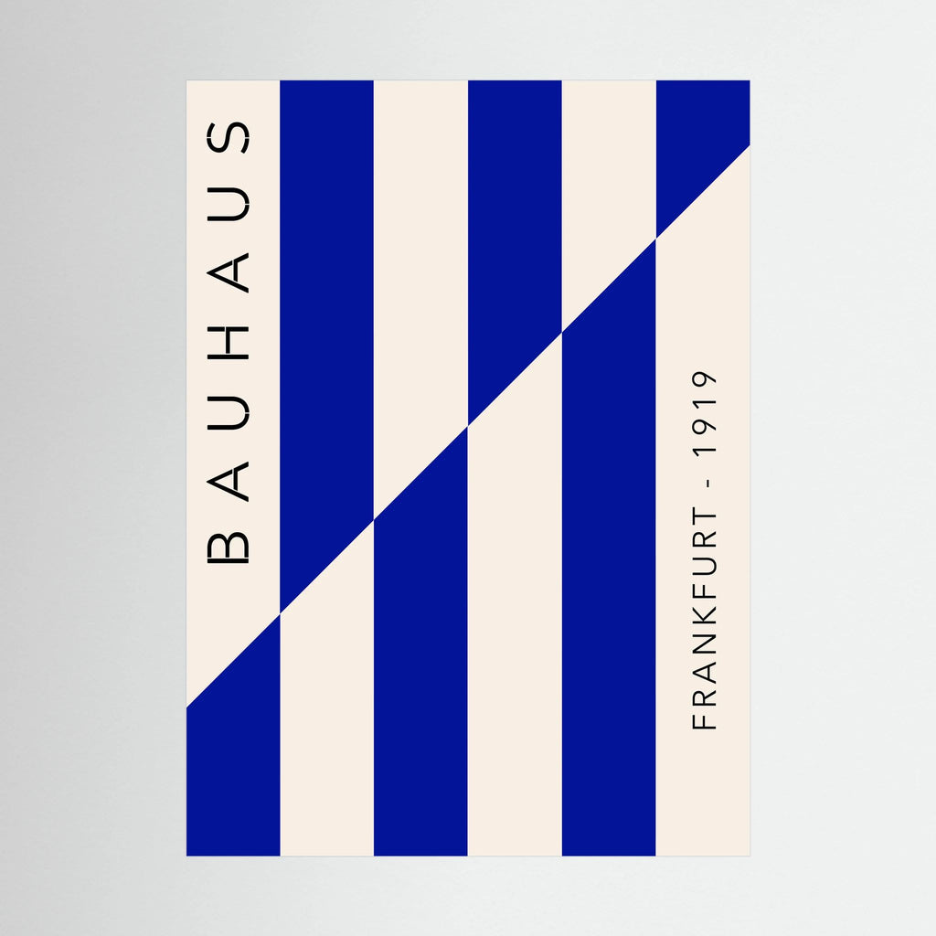 Blue and cream Bauhaus poster with diagonal striped geometric design.