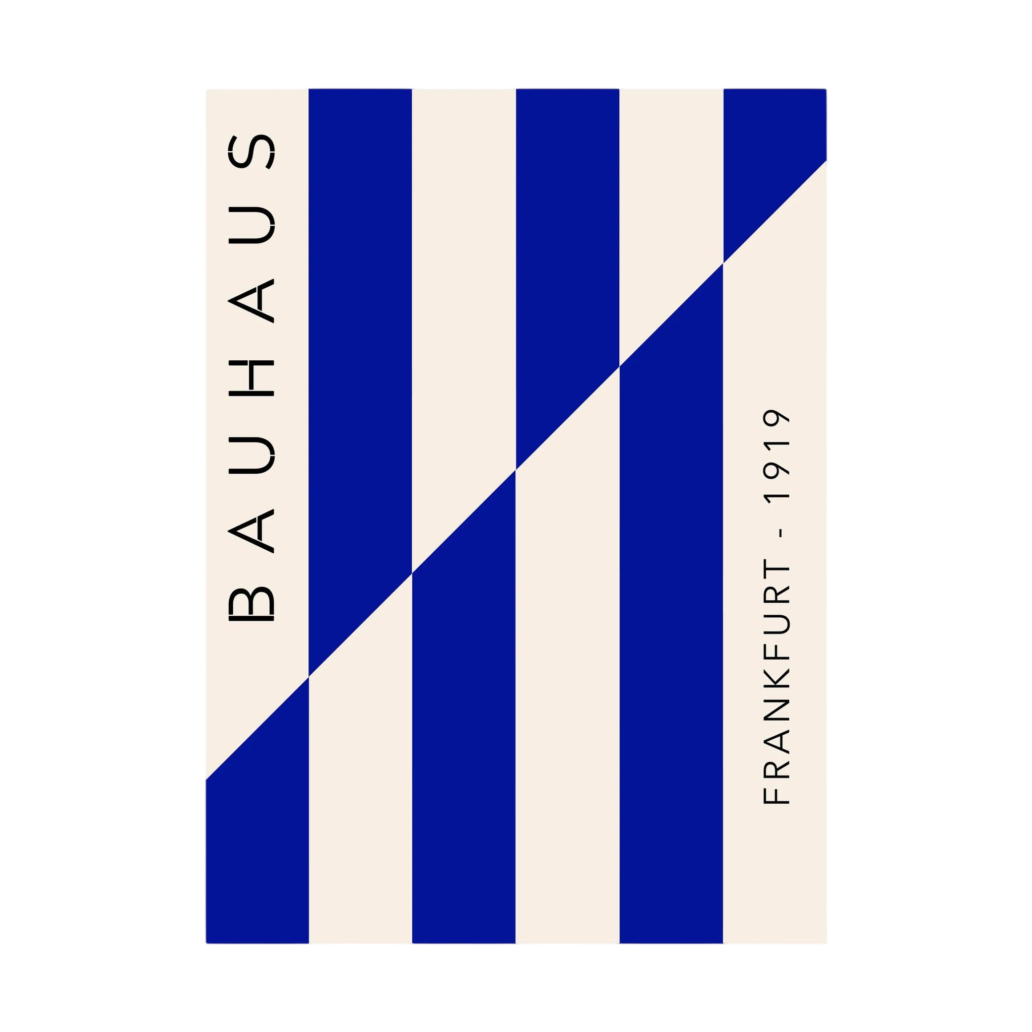 Blue and cream Bauhaus poster with diagonal striped geometric design.