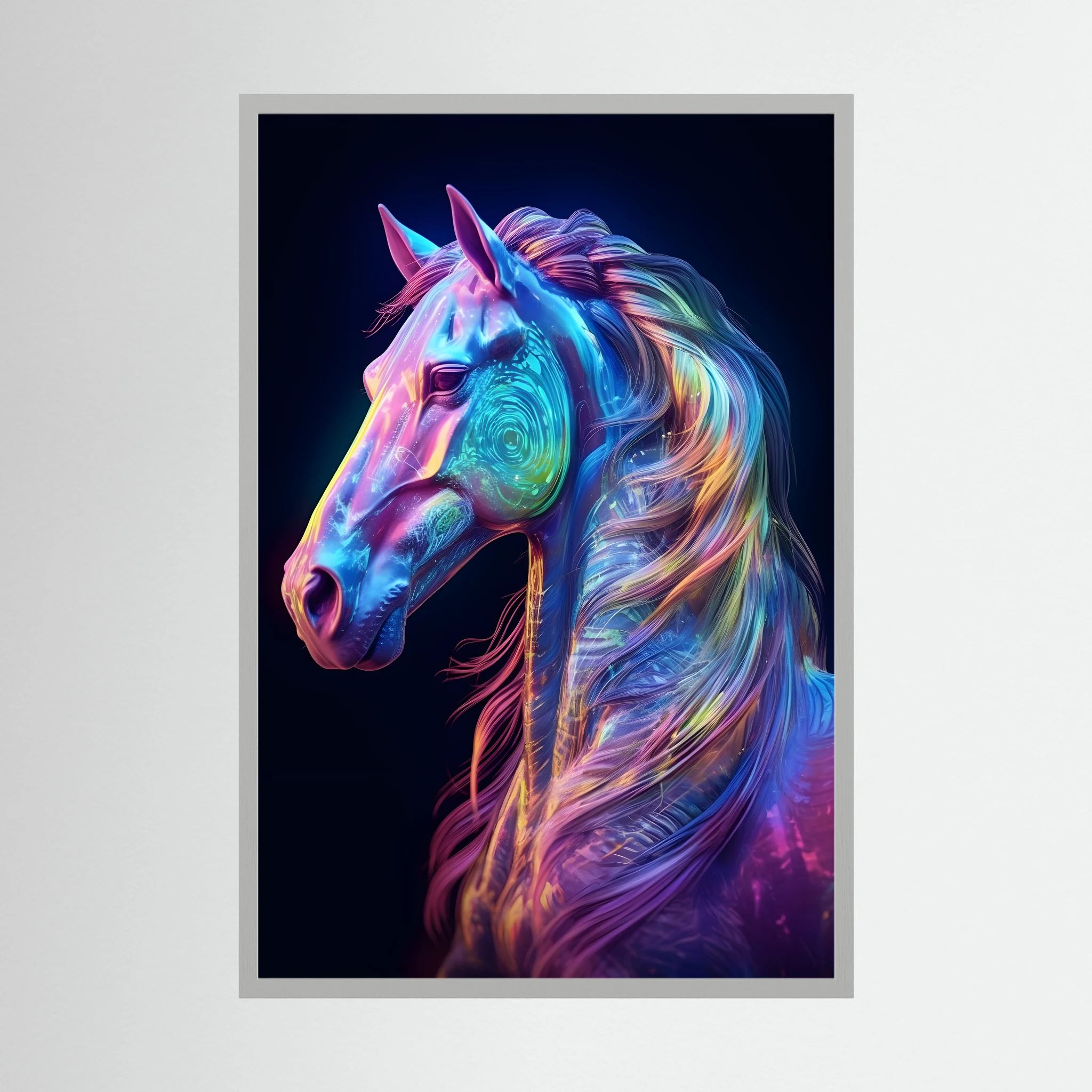Neon blue, pink and violet horse portrait against a dark background.