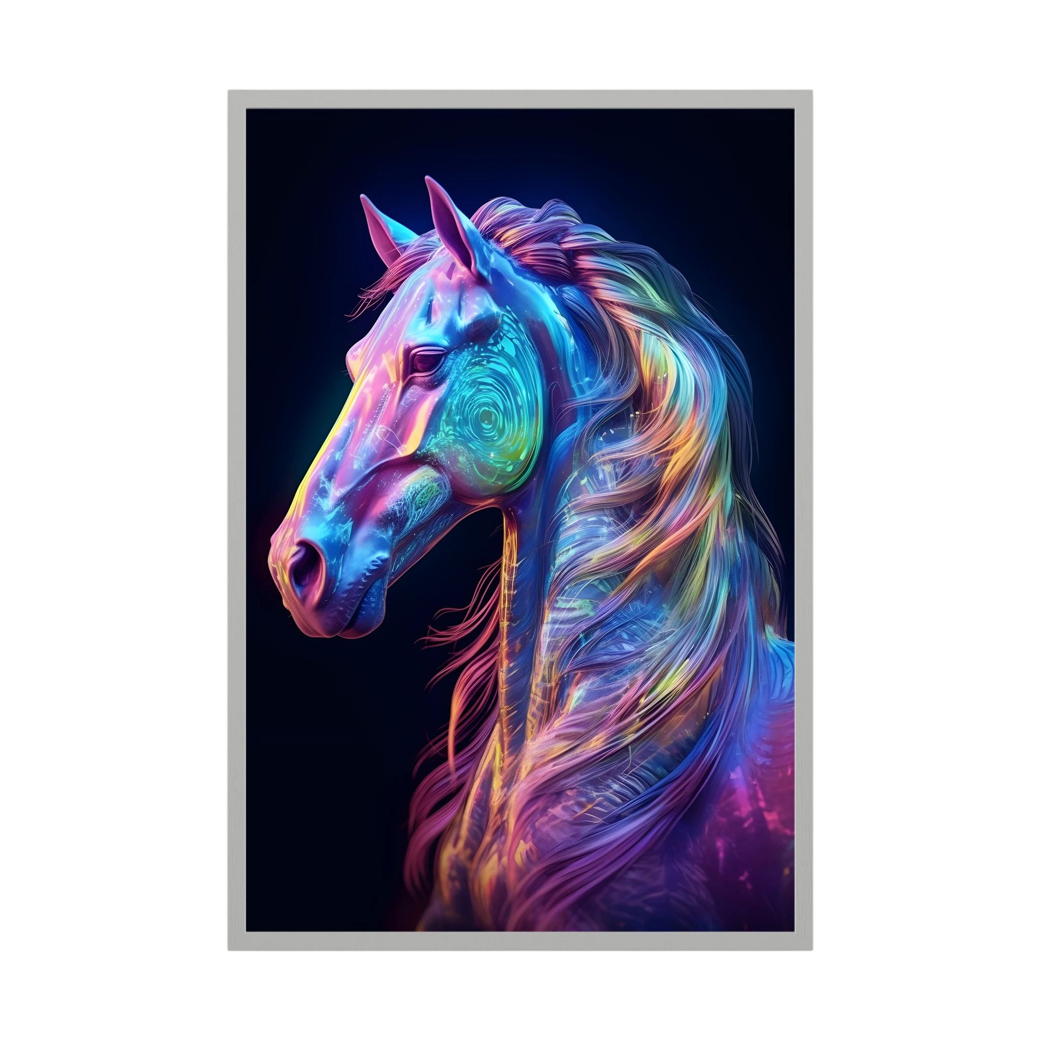Neon blue, pink and violet horse portrait against a dark background.
