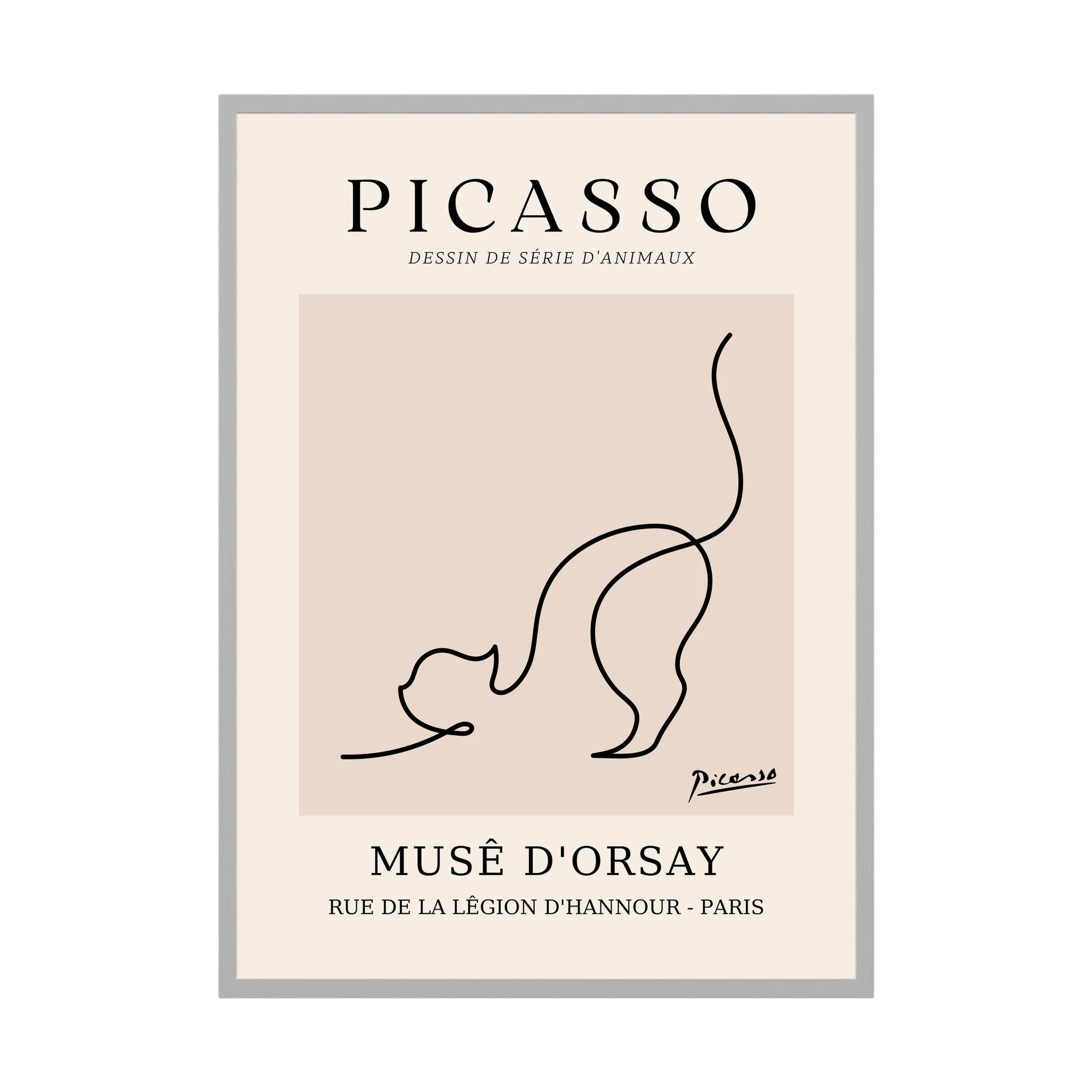 Single black line sketches a curious cat with raised tail in a warm beige museum-style poster, shown in product view 3.