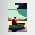 Solitary man seated in a green boat on still water beneath stylised mountains and a dark sky, shown in product view 4.