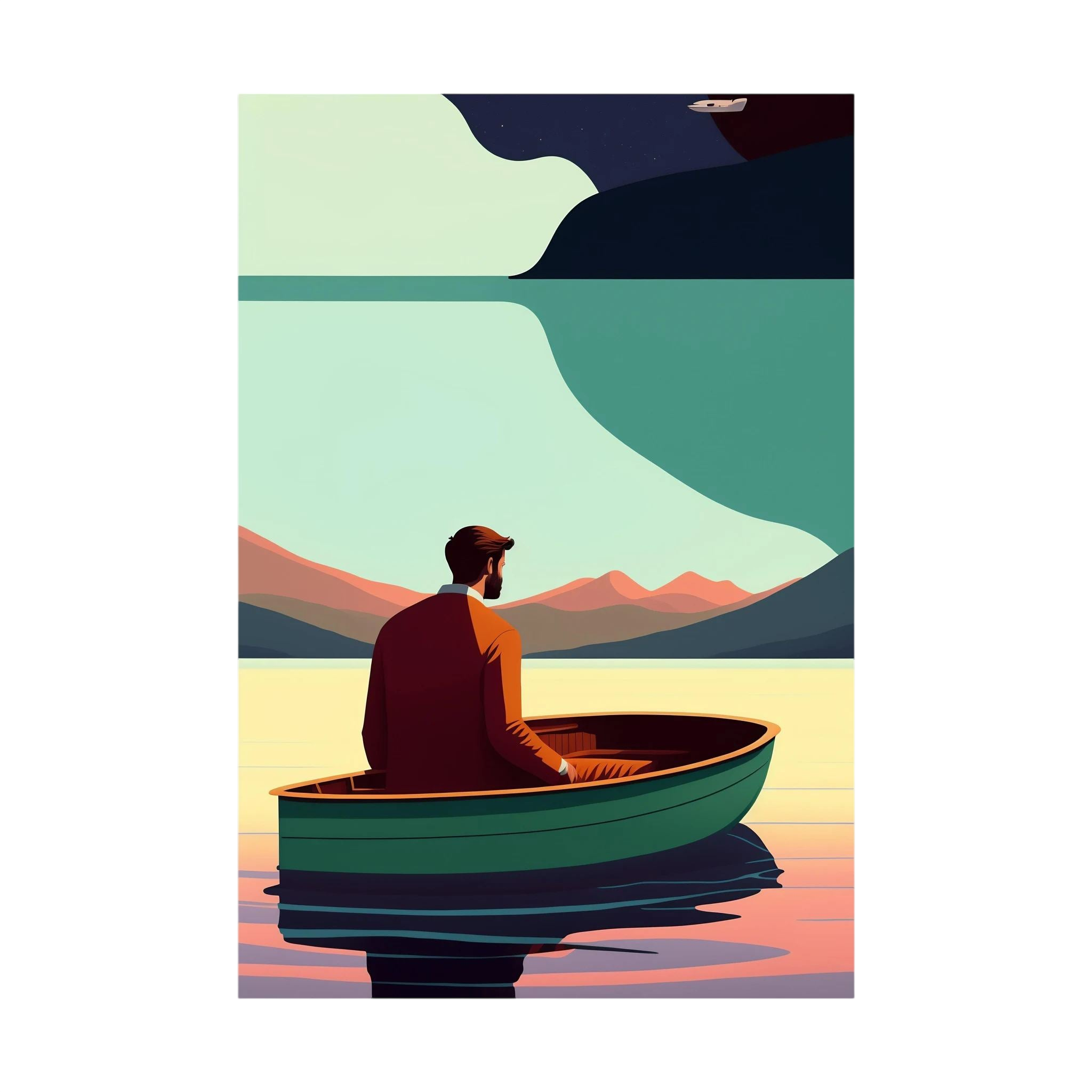 Solitary man seated in a green boat on still water beneath stylised mountains and a dark sky, shown in product view 4.