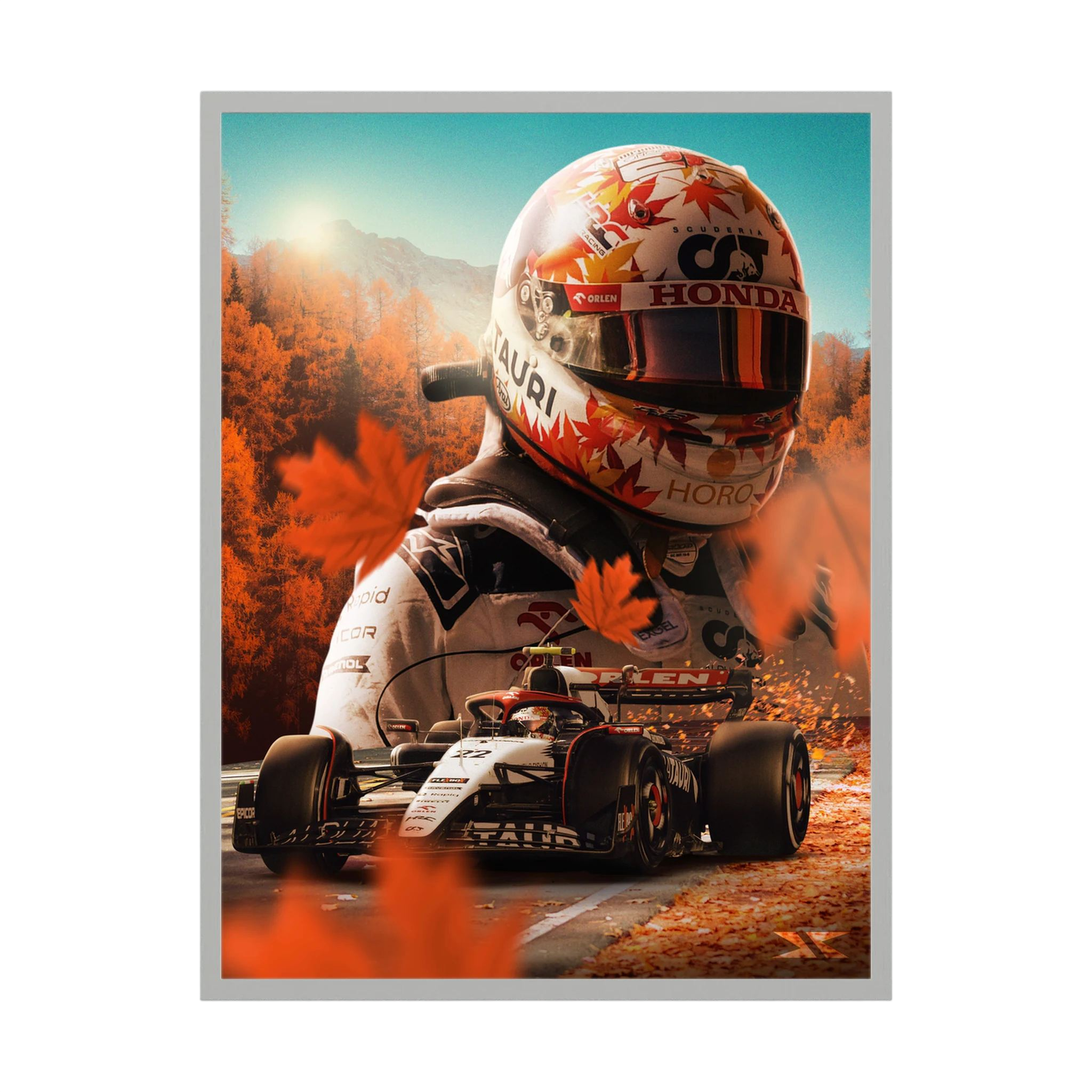 Helmeted Formula One driver and racing car surrounded by orange autumn colour.
