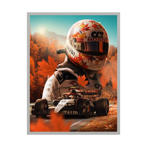 Helmeted Formula One driver and racing car surrounded by orange autumn colour.
