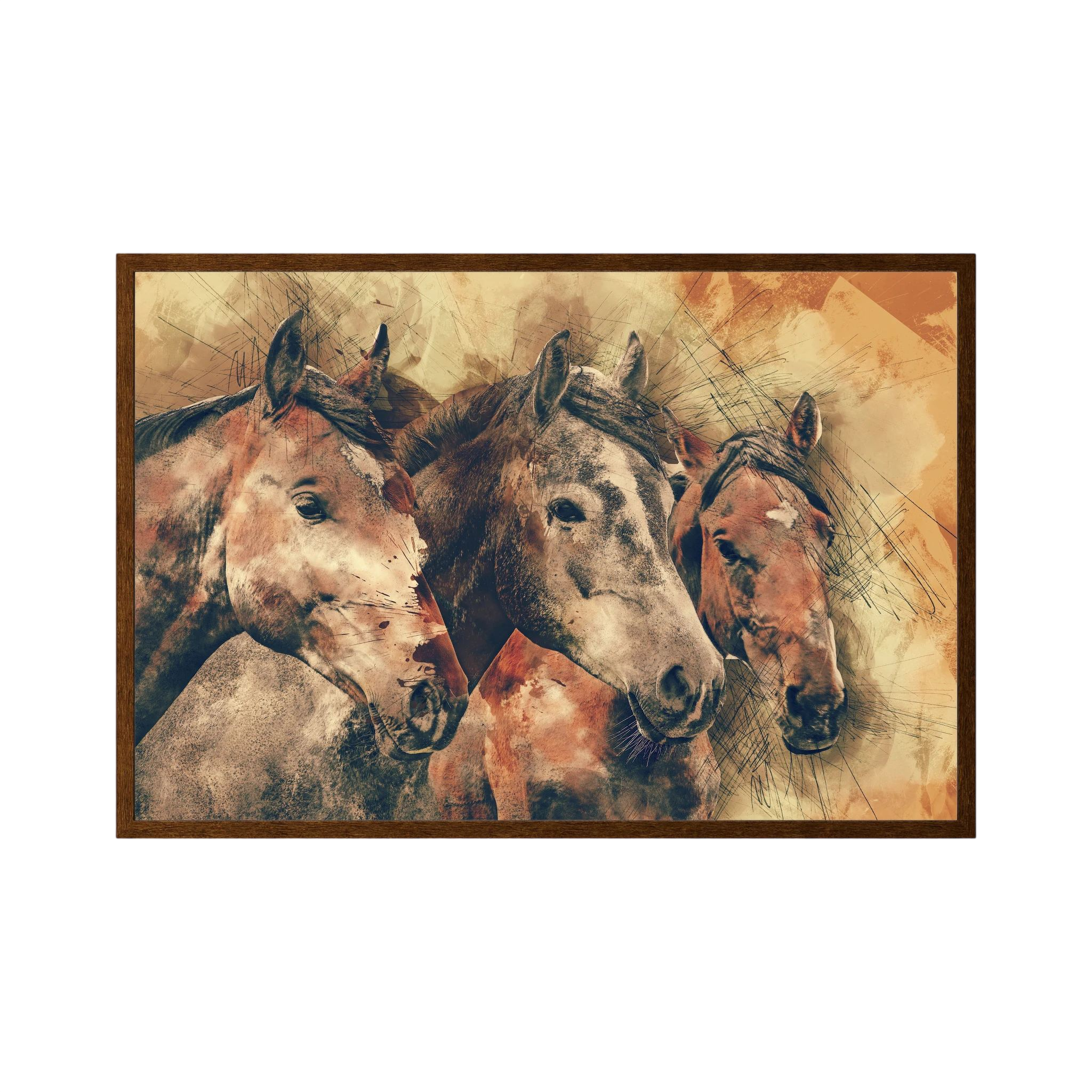 Three horse portraits rendered in layered sepia, brown and rust tones.