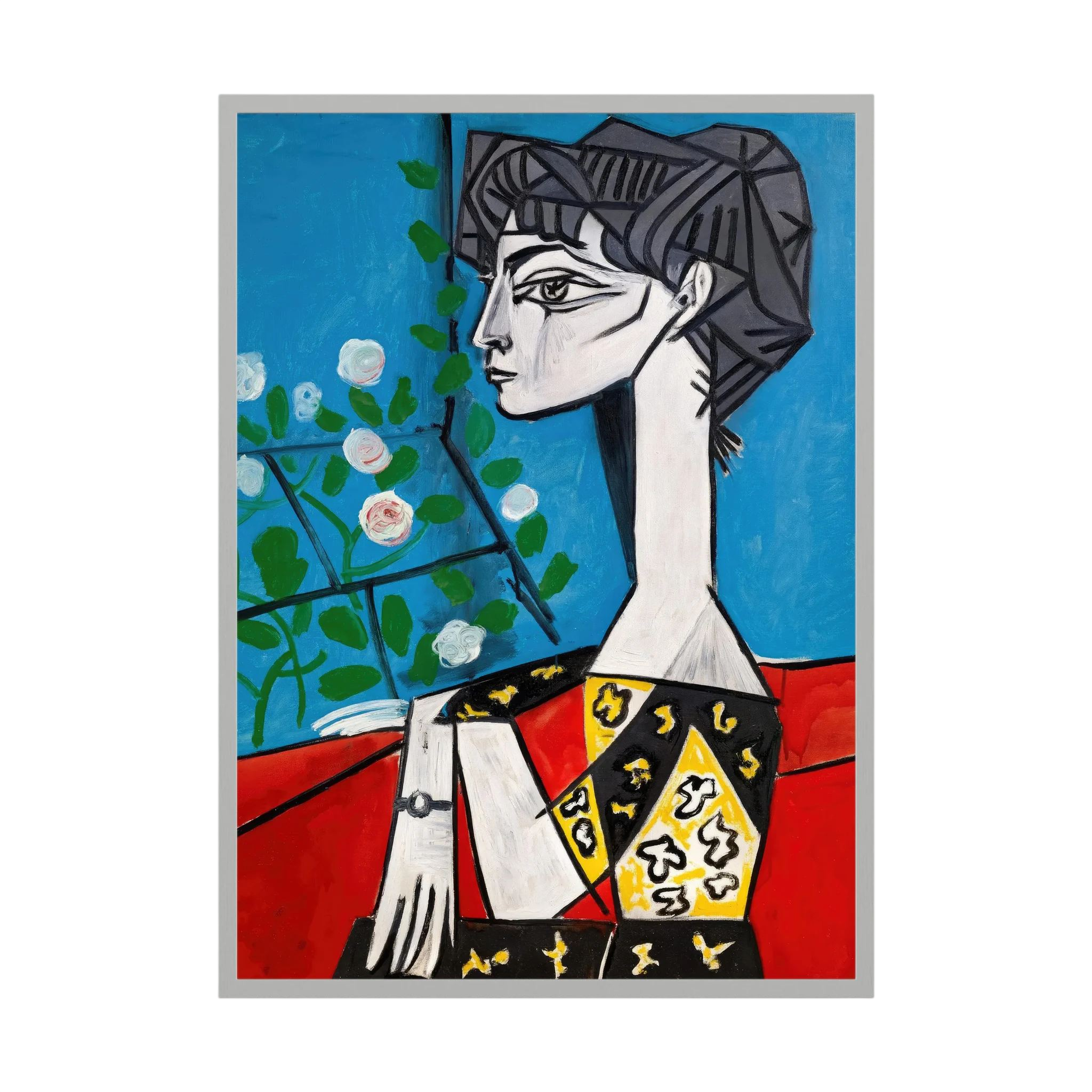Colourful geometric female portrait built from red, orange, teal, black and cream shapes, shown in product view 3.