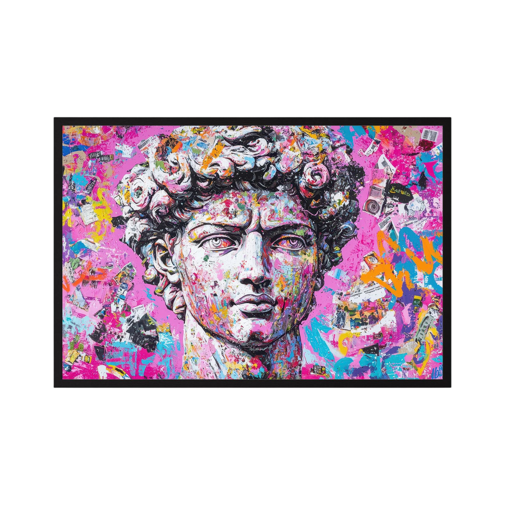 Classical David portrait transformed with layered collage textures and vivid pink, blue, orange and black paint.