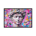 Classical David portrait transformed with layered collage textures and vivid pink, blue, orange and black paint.