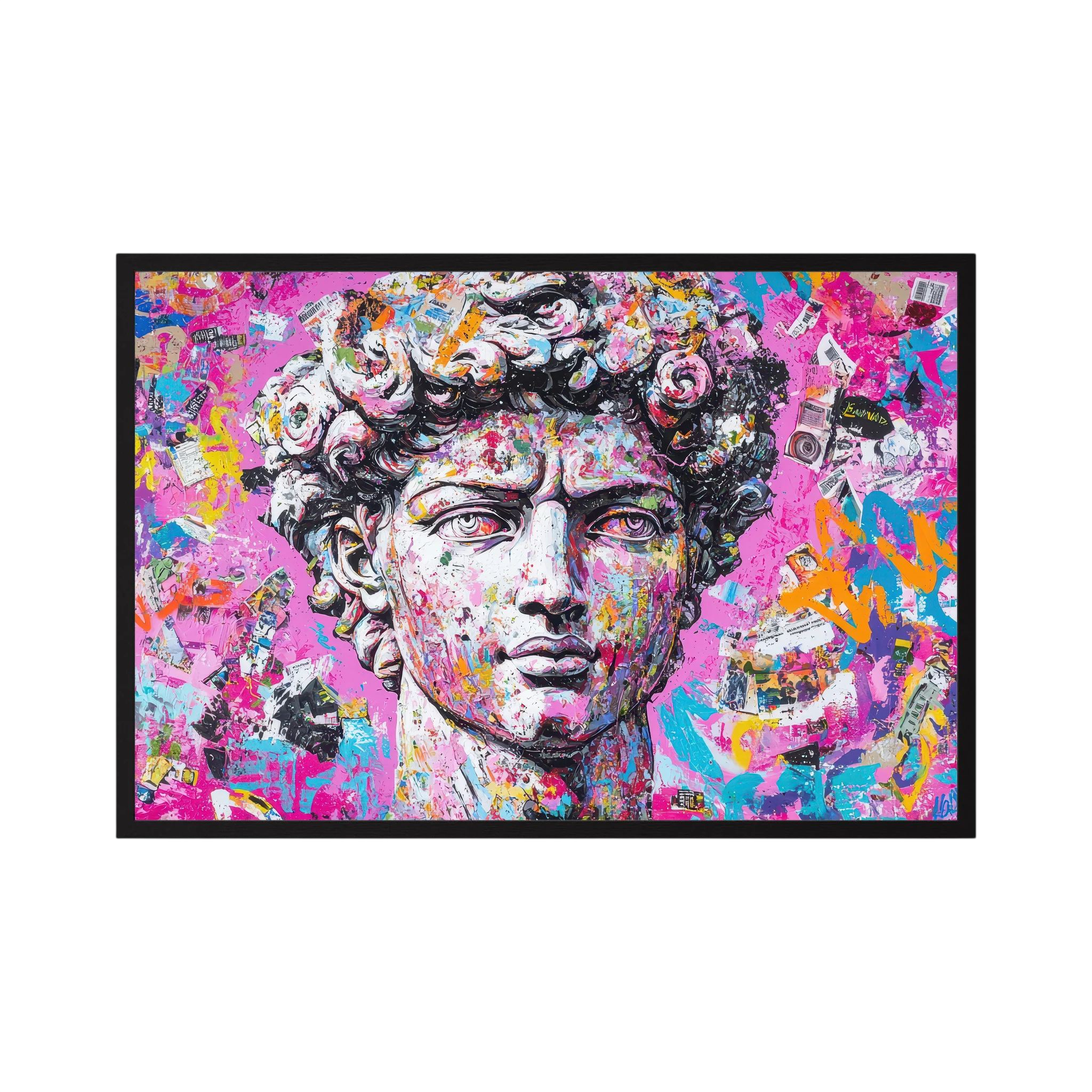 Classical David portrait transformed with layered collage textures and vivid pink, blue, orange and black paint.