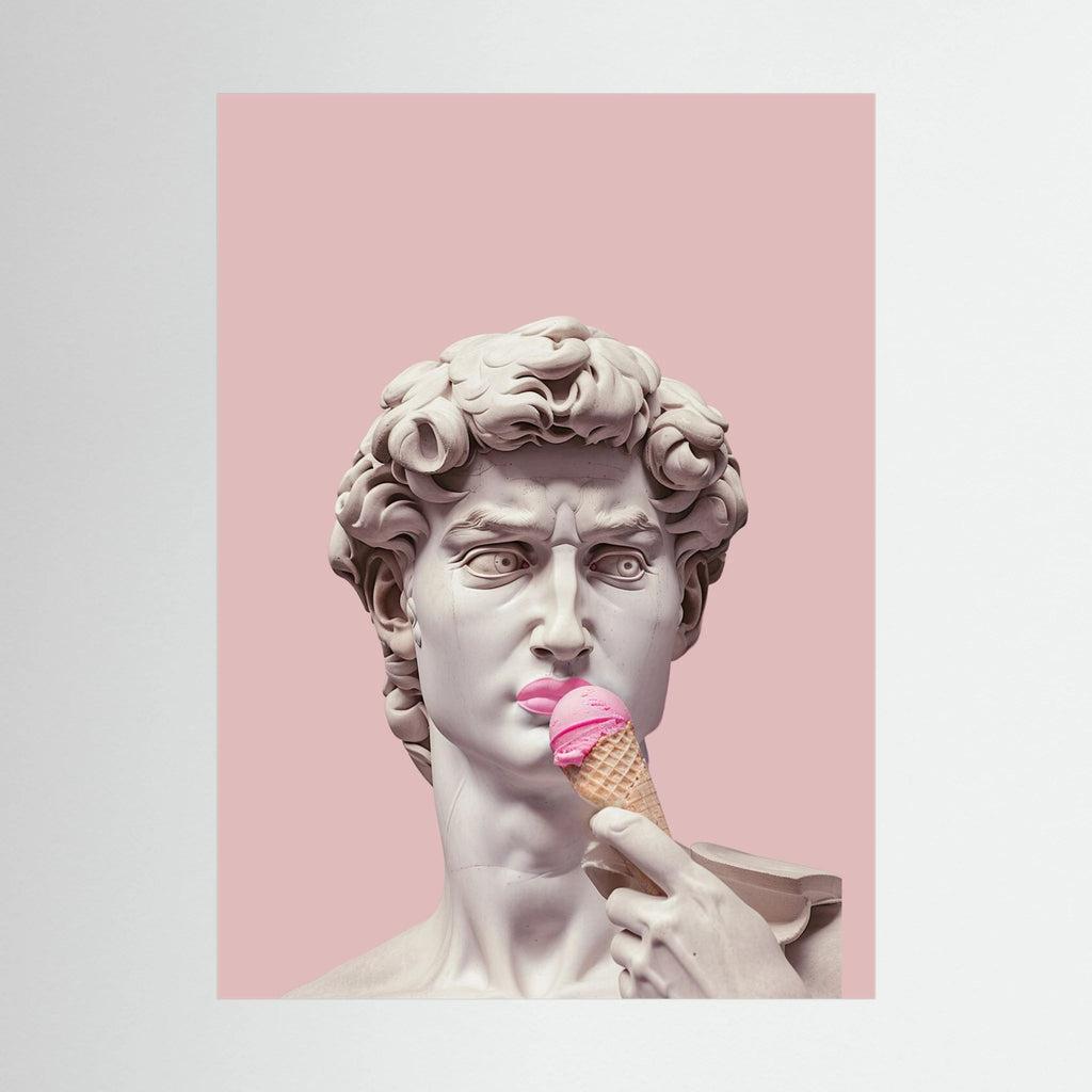 Classical David bust holding a pink ice cream cone against a soft pink background, shown in product view 3.