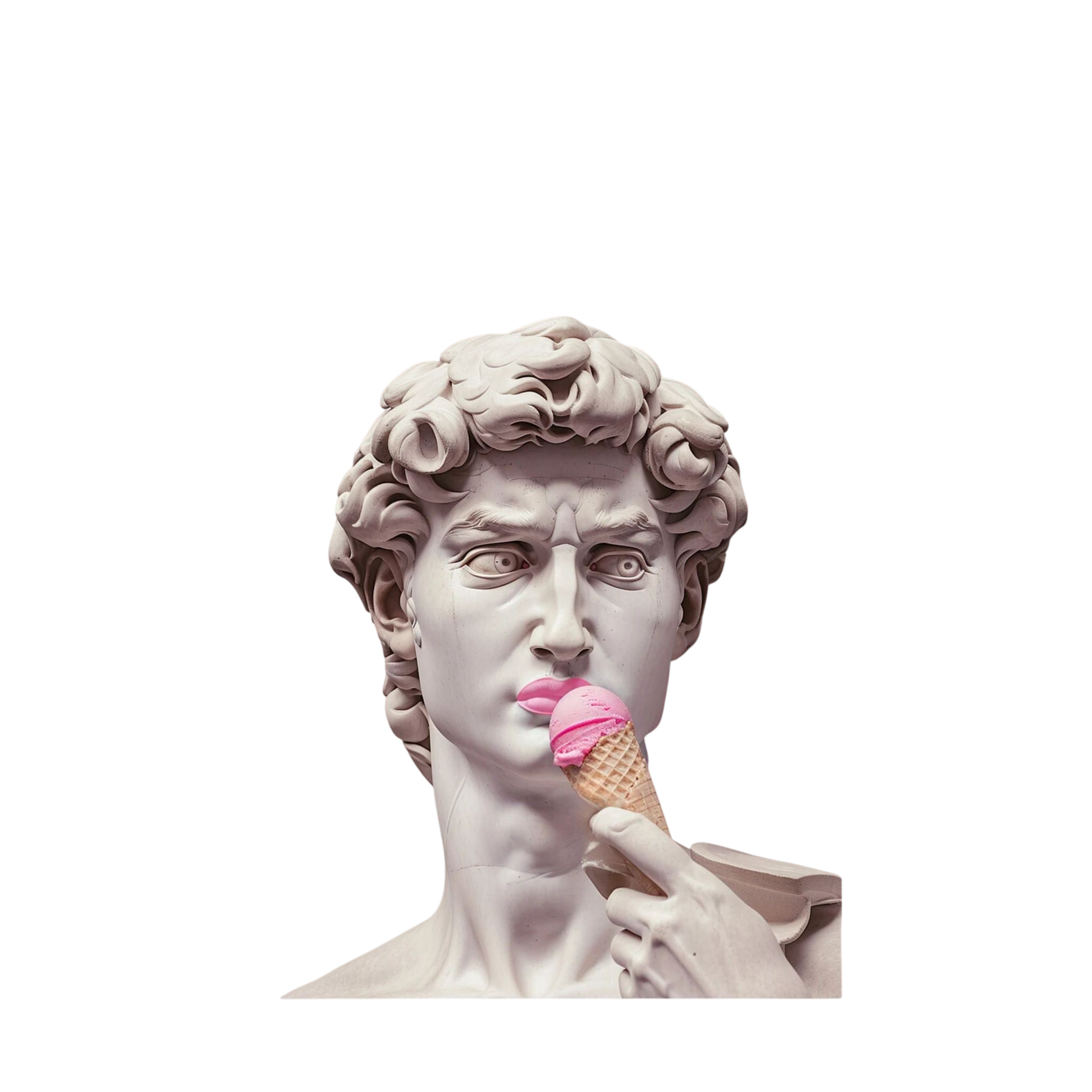 Classical David bust holding a pink ice cream cone against a soft pink background, shown in product view 3.