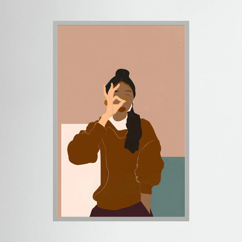 Minimalist woman in warm brown tones making an OK gesture against blush and muted teal blocks.