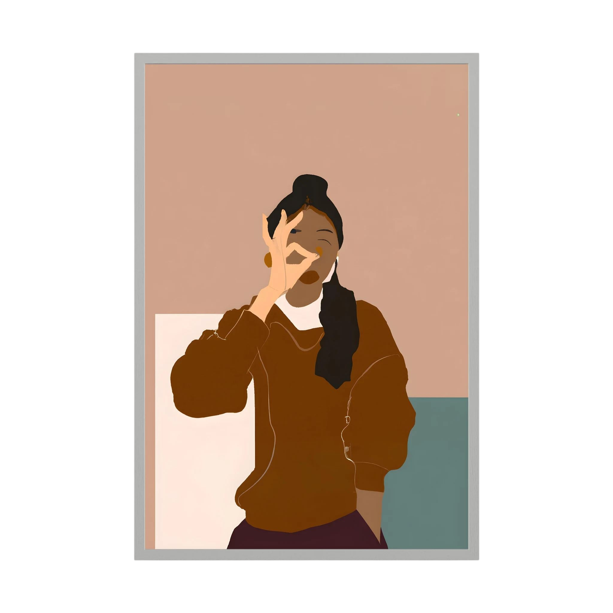 Minimalist woman in warm brown tones making an OK gesture against blush and muted teal blocks.