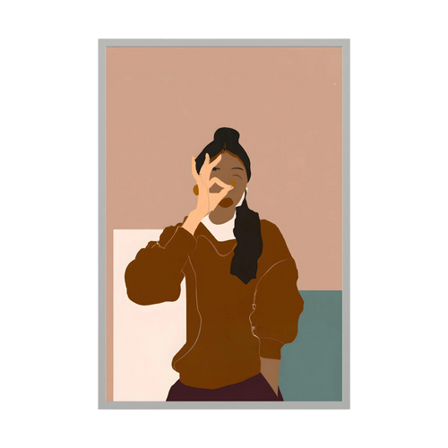 Minimalist woman in warm brown tones making an OK gesture against blush and muted teal blocks.