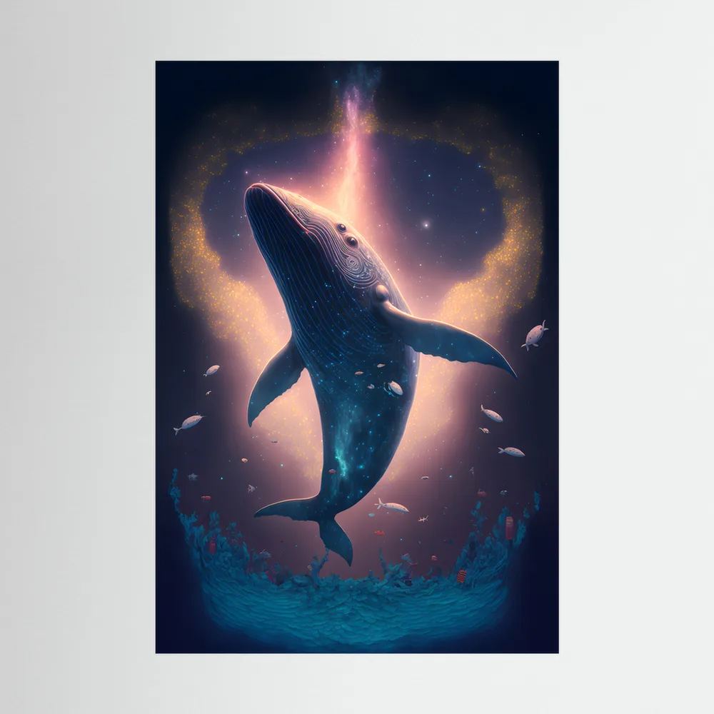 Blue whale rising through a glowing underwater scene with small fish.