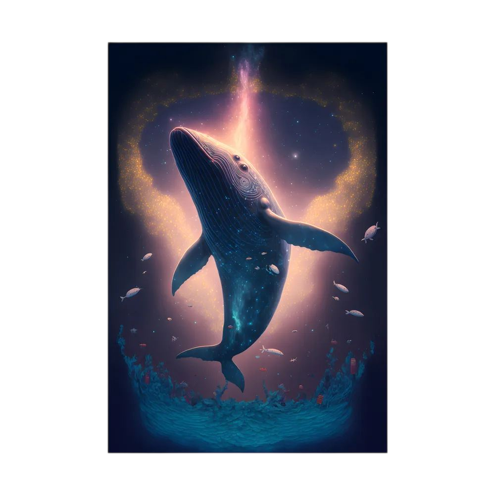 Blue whale rising through a glowing underwater scene with small fish.