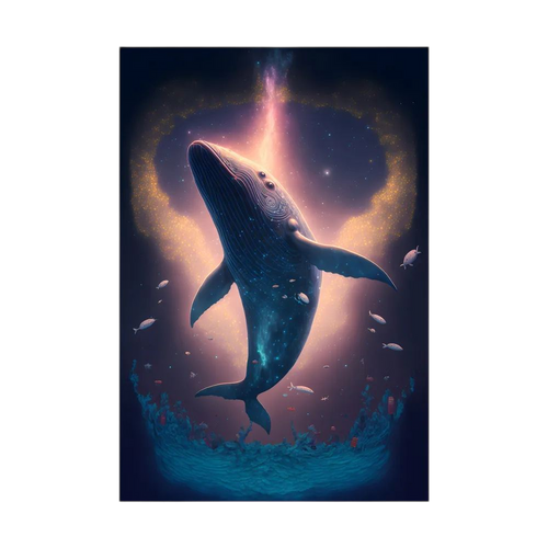 Blue whale rising through a glowing underwater scene with small fish.