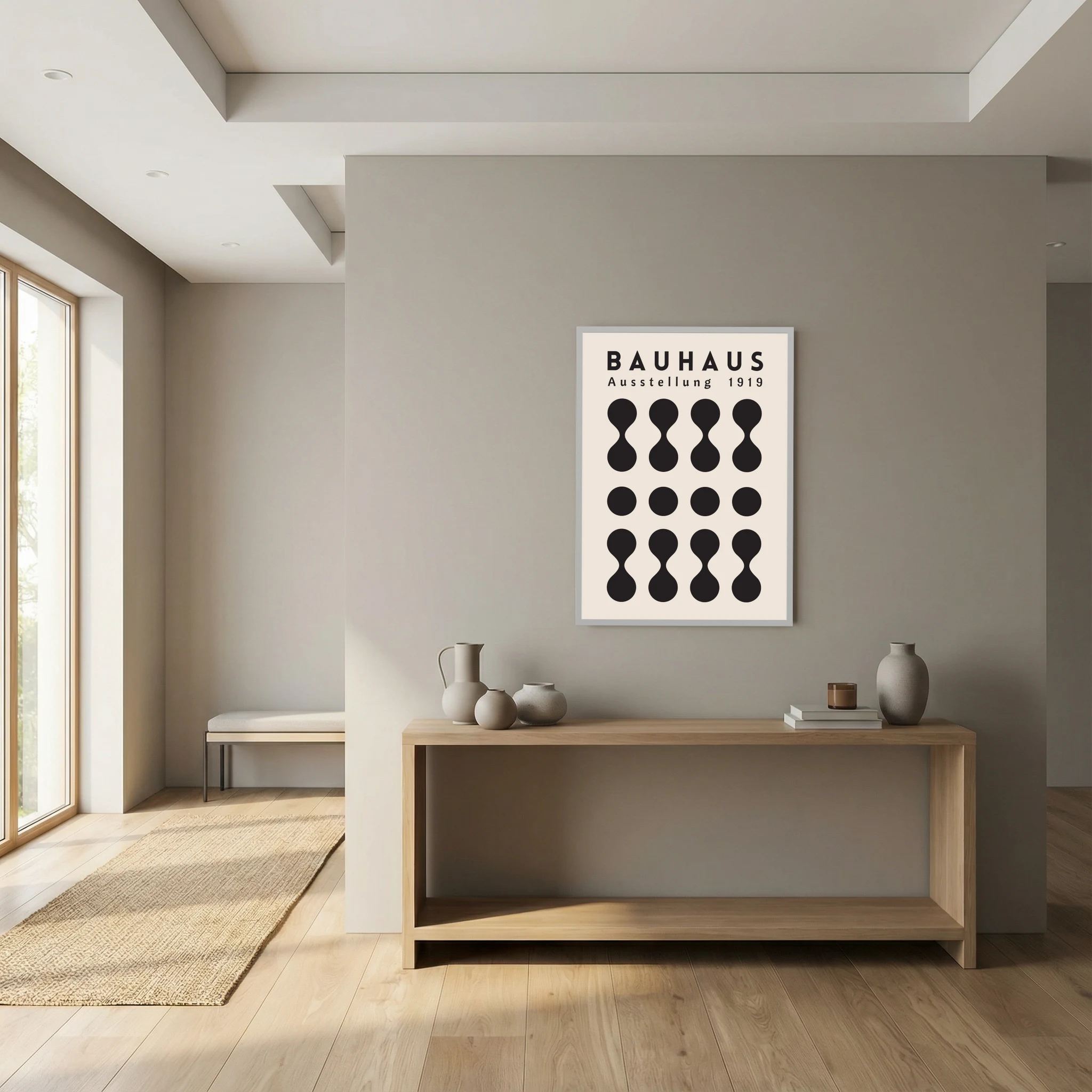 Black Bauhaus poster with repeating circles and hourglass geometric forms on cream.