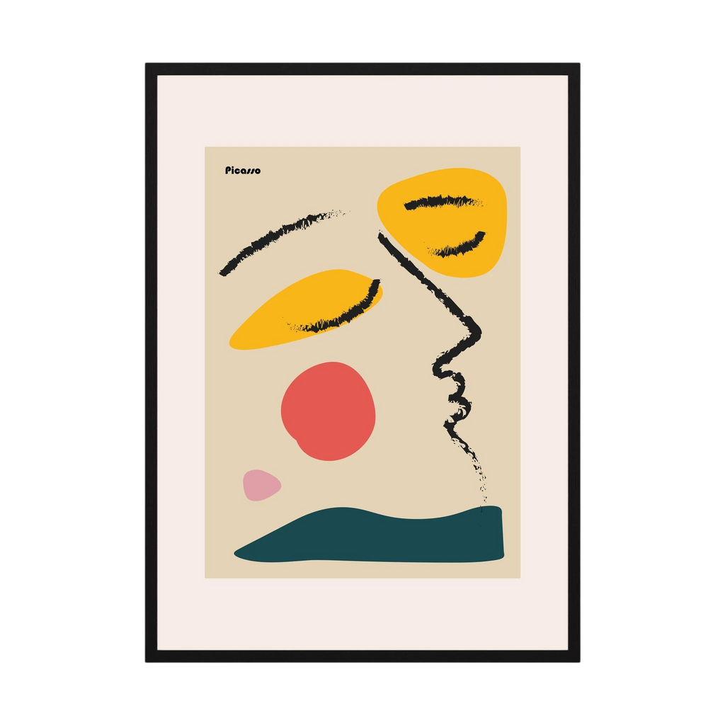 Black brush lines trace a side profile among orange, yellow, coral, pink and deep teal shapes.