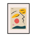 Black brush lines trace a side profile among orange, yellow, coral, pink and deep teal shapes.