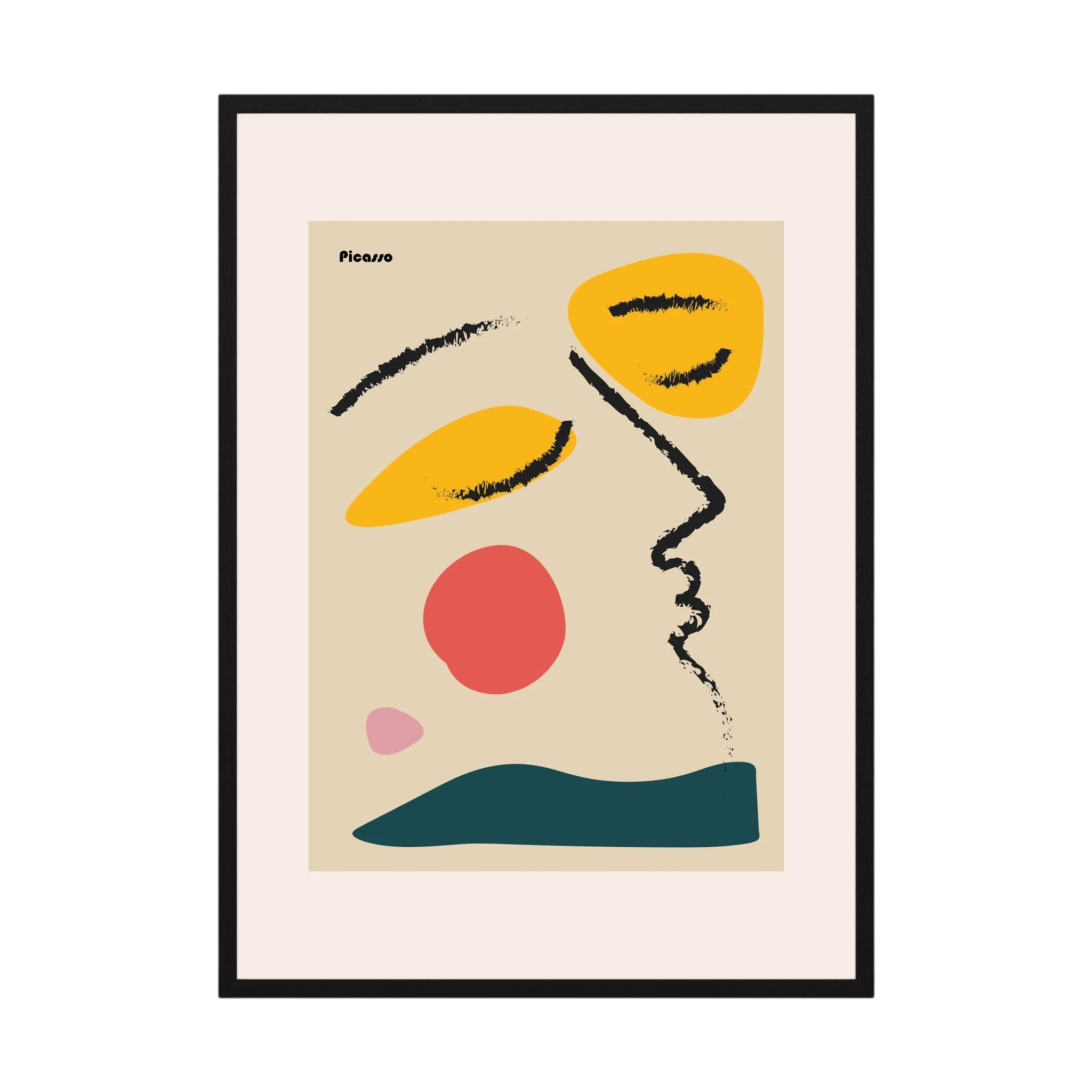 Black brush lines trace a side profile among orange, yellow, coral, pink and deep teal shapes.
