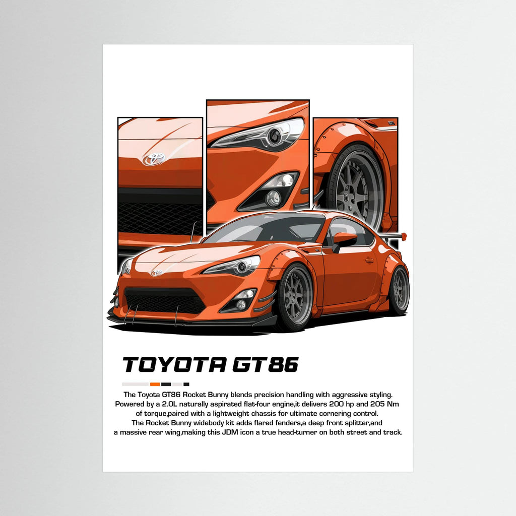 Orange Toyota GT86 illustration with close-up headlight, wheel and bodywork panels.