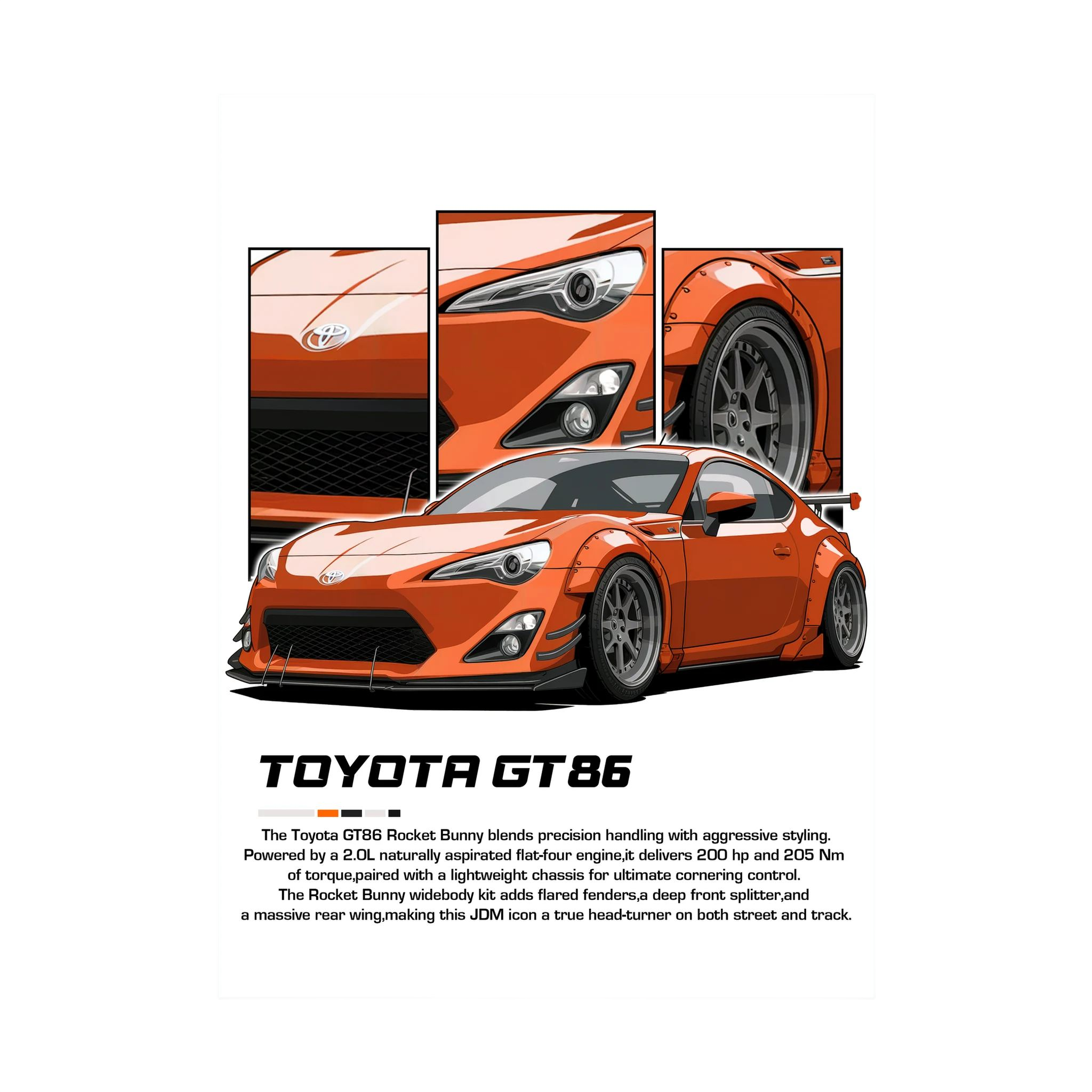 Orange Toyota GT86 illustration with close-up headlight, wheel and bodywork panels.