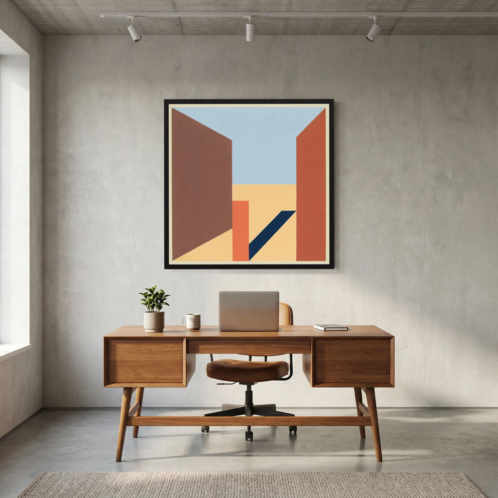 Terracotta and brown architectural planes opening towards a pale blue sky in a geometric composition, shown in product view 8.