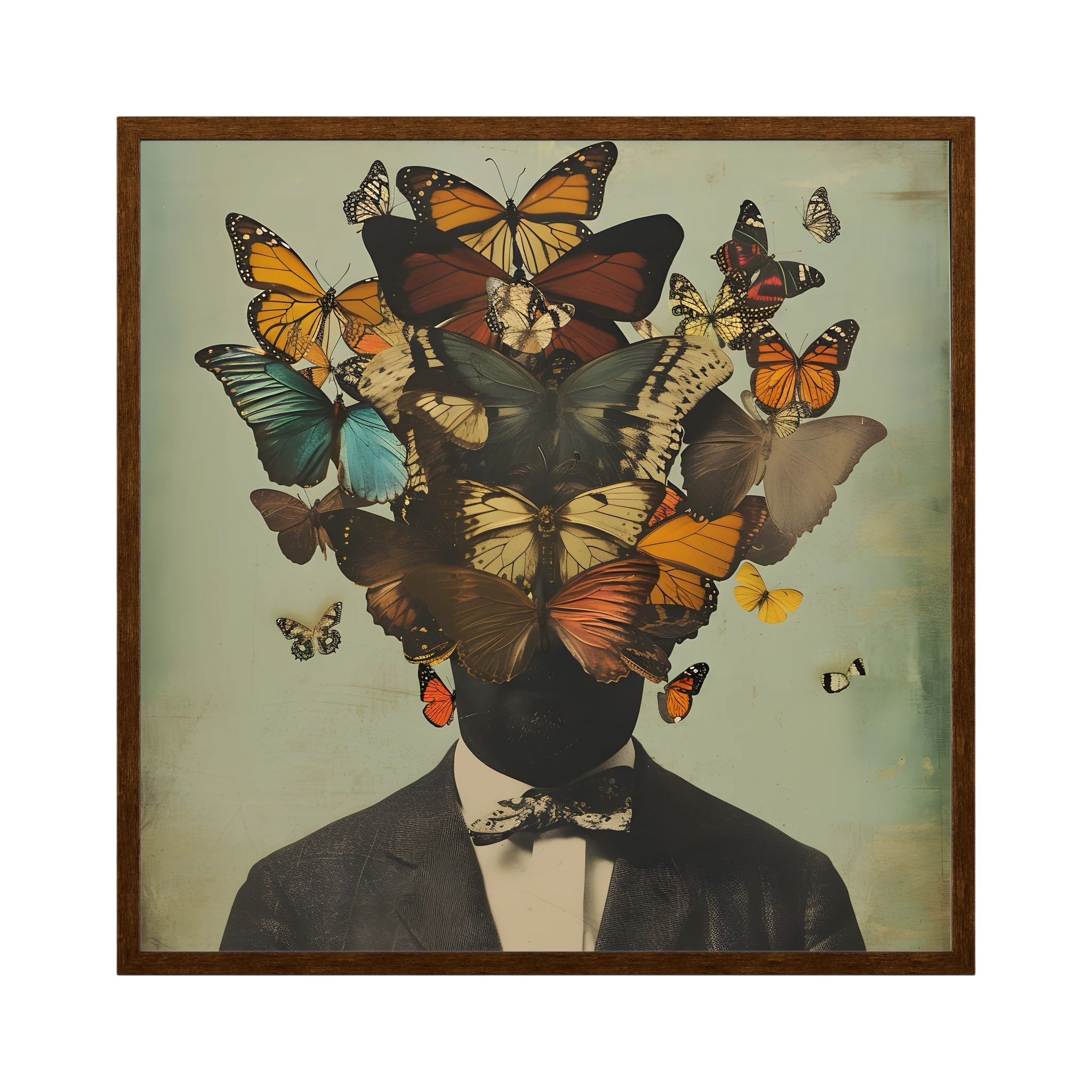 Surreal suited figure whose head is formed by a cluster of colourful butterflies.