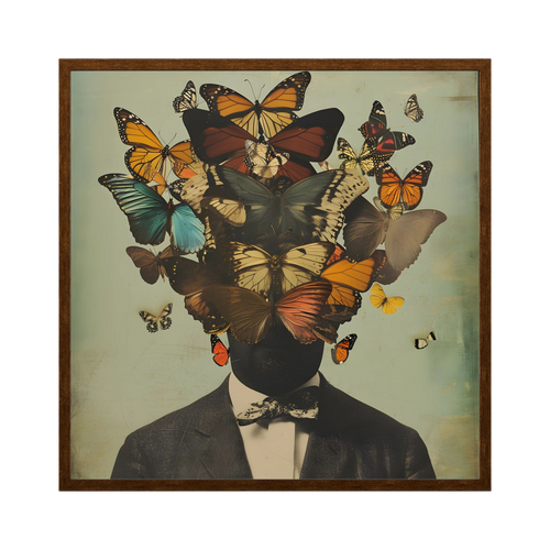 Surreal suited figure whose head is formed by a cluster of colourful butterflies.