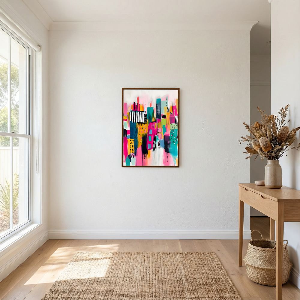 Neon Metropolis colourful abstract cityscape print, product view 6.