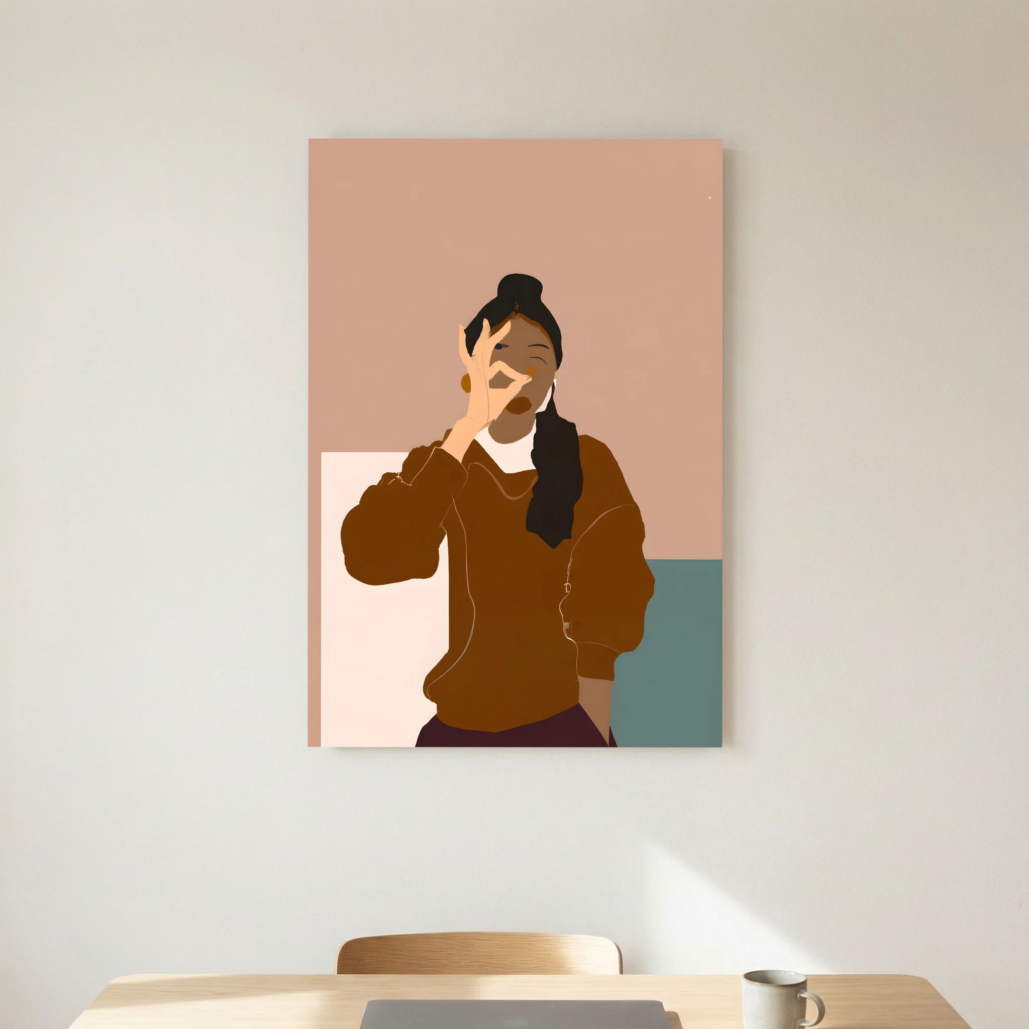 Minimalist woman in warm brown tones making an OK gesture against blush and muted teal blocks, shown in product view 5.